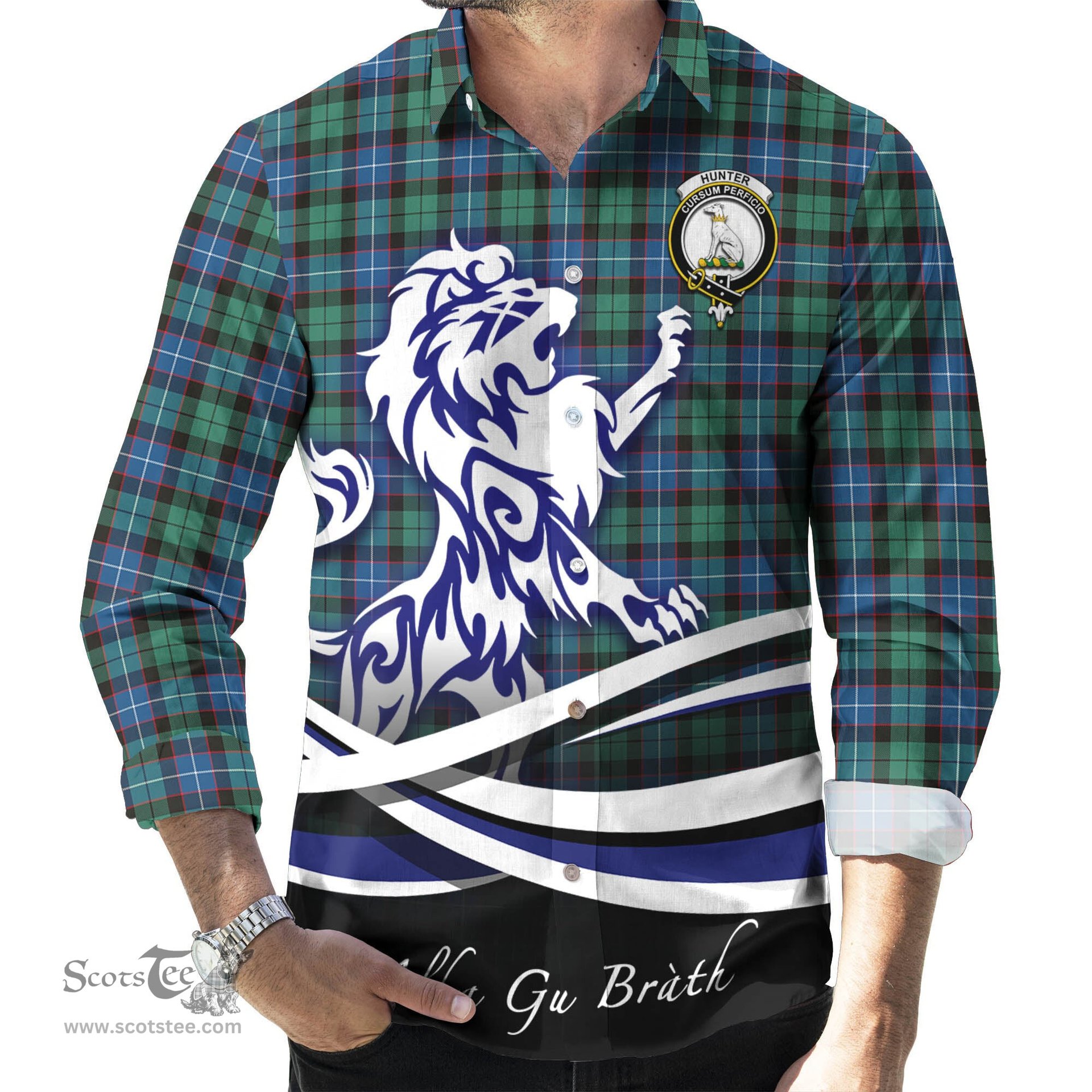ScotsTee Shop Scottish Hunter Ancient Clan Crest Tartan Alba Gu Brath Regal Lion Emblem Long Sleeve Shirt