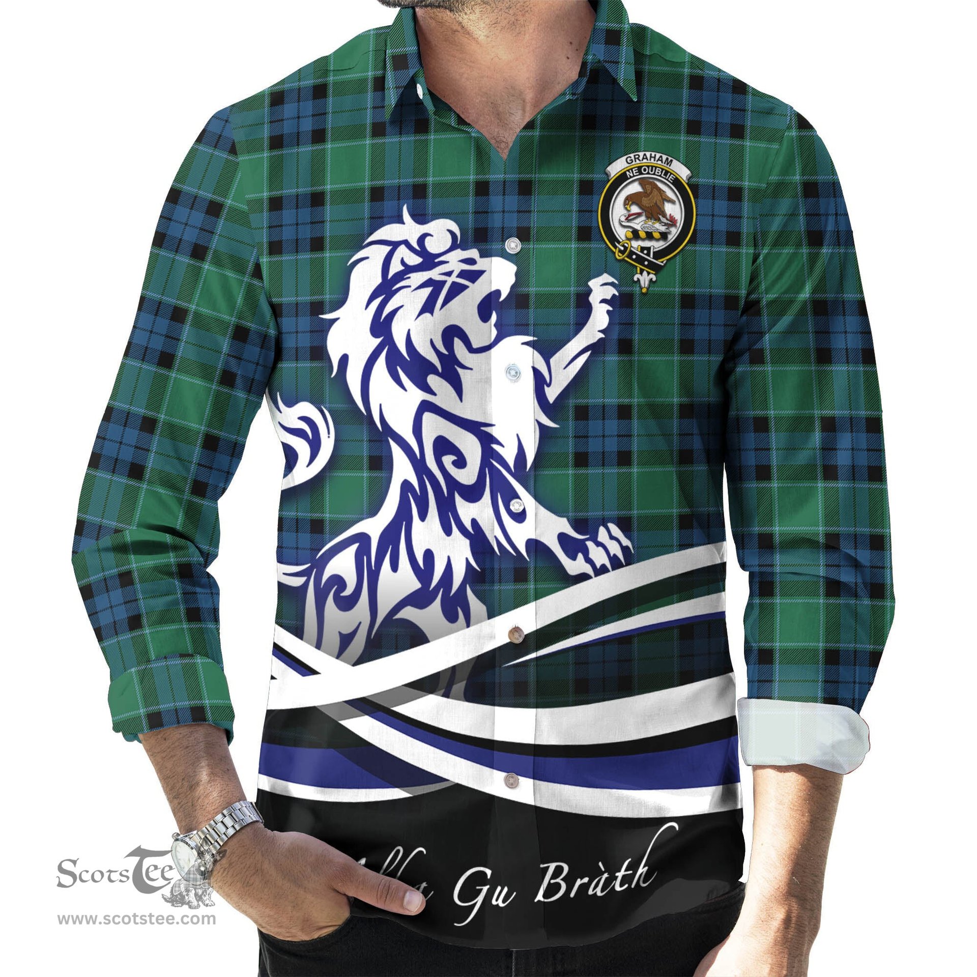 ScotsTee Shop Scottish Graham of Menteith Ancient Clan Crest Tartan Alba Gu Brath Regal Lion Emblem Long Sleeve Shirt