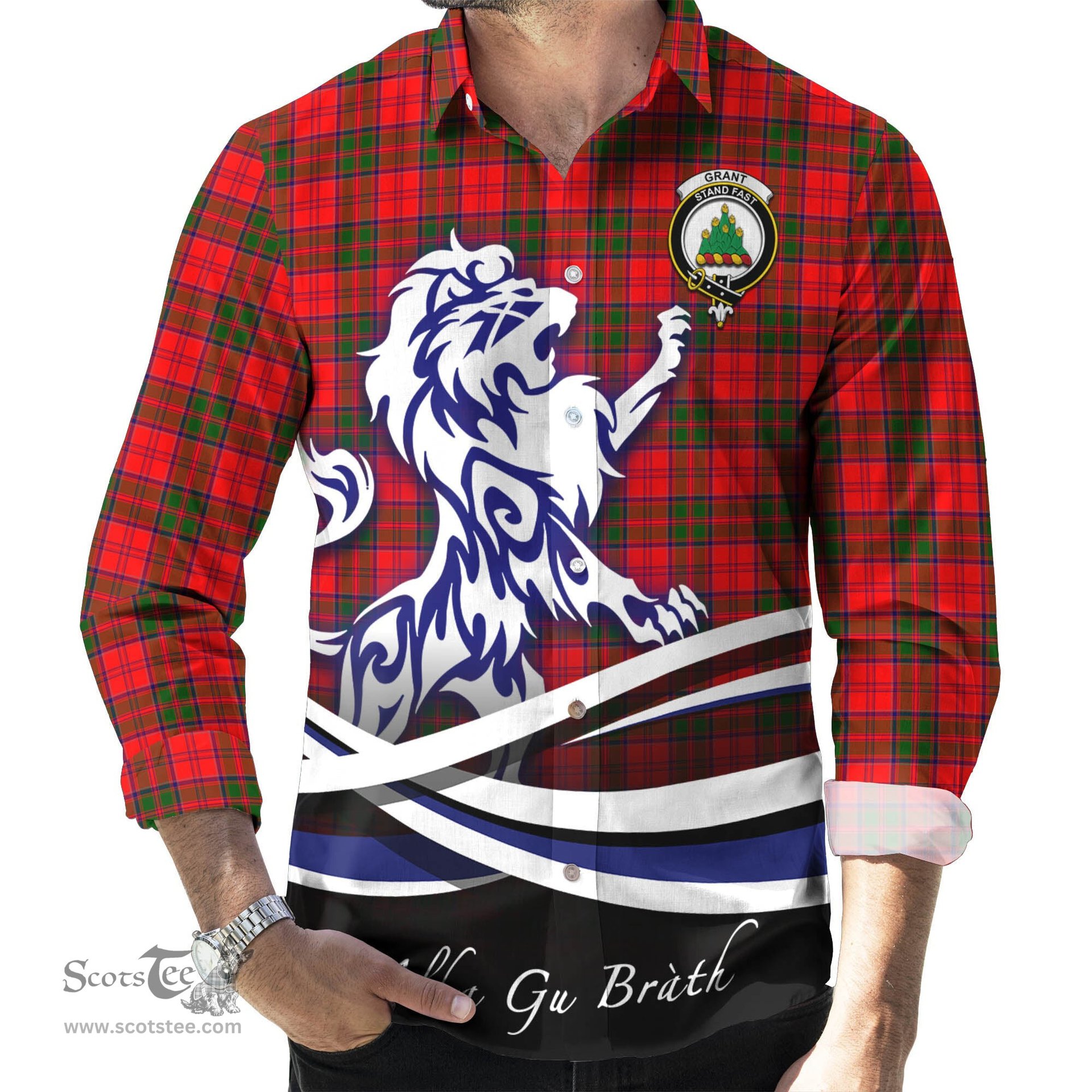 ScotsTee Shop Scottish Grant Modern Clan Crest Tartan Alba Gu Brath Regal Lion Emblem Long Sleeve Shirt