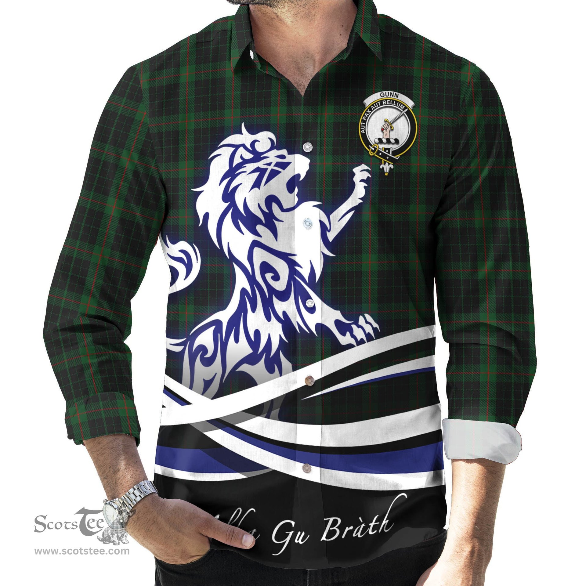ScotsTee Shop Scottish Gunn Logan Clan Crest Tartan Alba Gu Brath Regal Lion Emblem Long Sleeve Shirt
