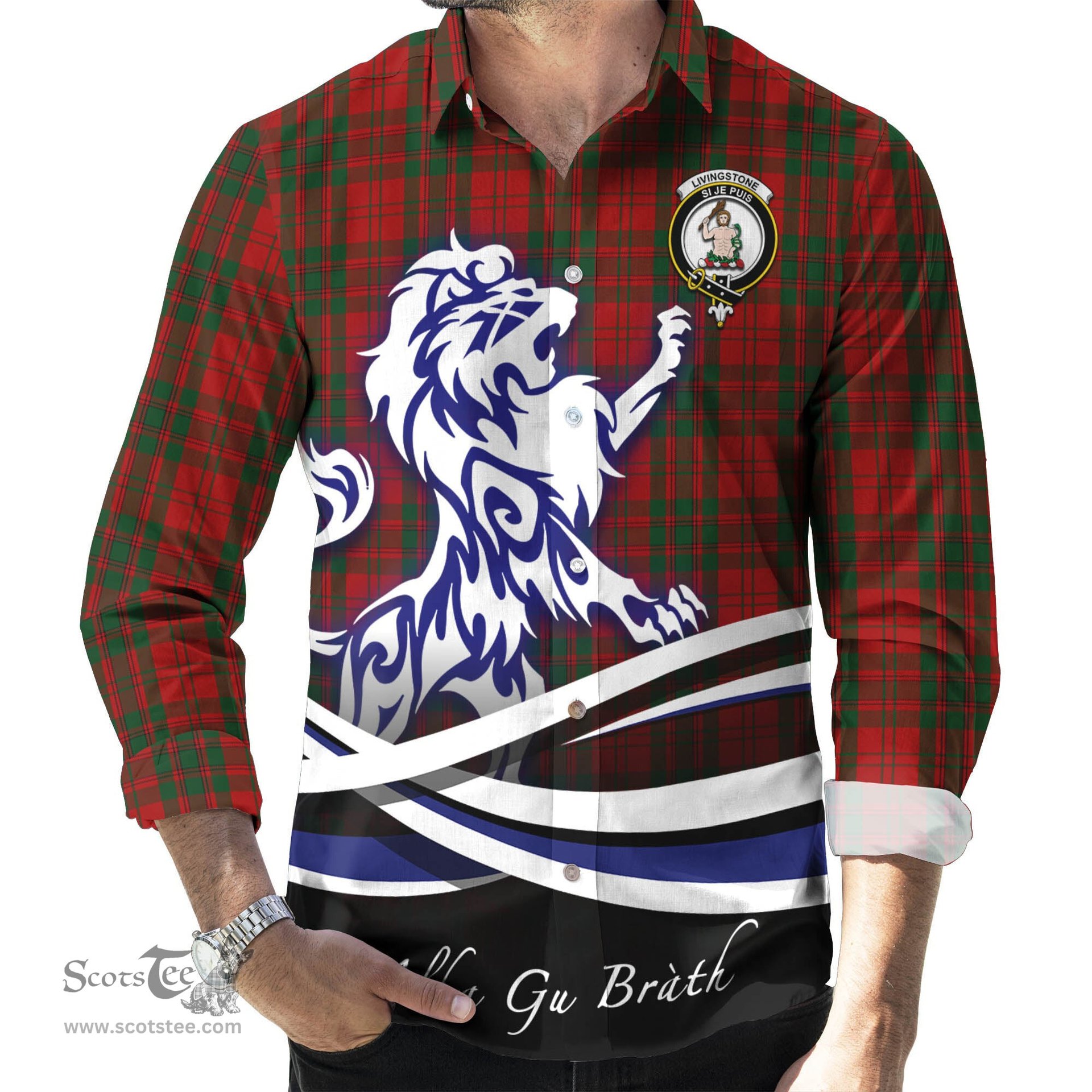 ScotsTee Shop Scottish Livingston Clan Crest Tartan Alba Gu Brath Regal Lion Emblem Long Sleeve Shirt