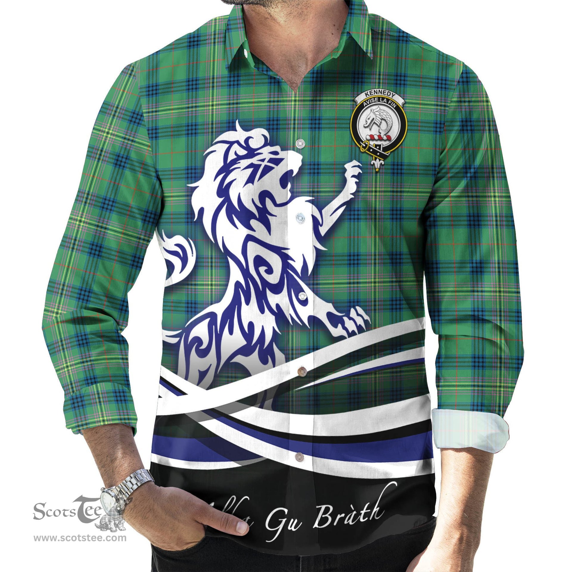 ScotsTee Shop Scottish Kennedy Ancient Clan Crest Tartan Alba Gu Brath Regal Lion Emblem Long Sleeve Shirt