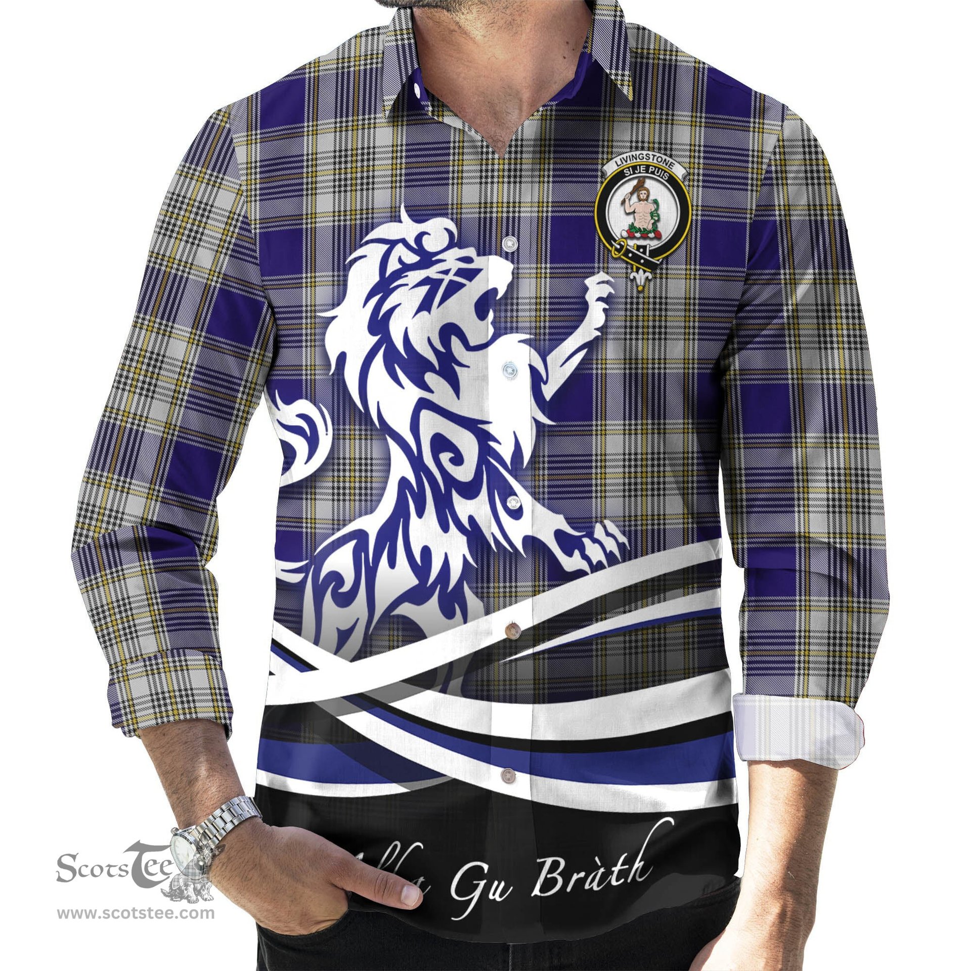 ScotsTee Shop Scottish Livingston Dress Clan Crest Tartan Alba Gu Brath Regal Lion Emblem Long Sleeve Shirt