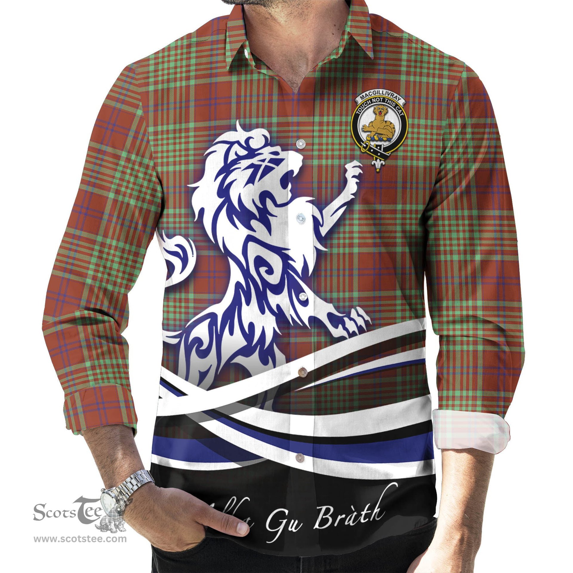 ScotsTee Shop Scottish MacGillivray Hunting Ancient Clan Crest Tartan Alba Gu Brath Regal Lion Emblem Long Sleeve Shirt