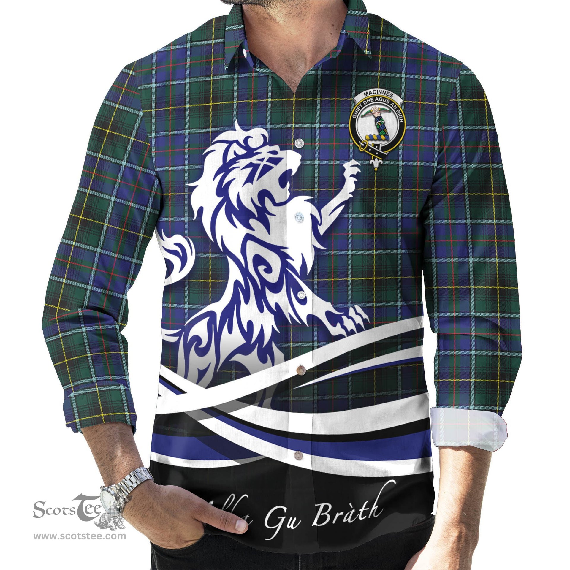 ScotsTee Shop Scottish MacInnes Modern Clan Crest Tartan Alba Gu Brath Regal Lion Emblem Long Sleeve Shirt