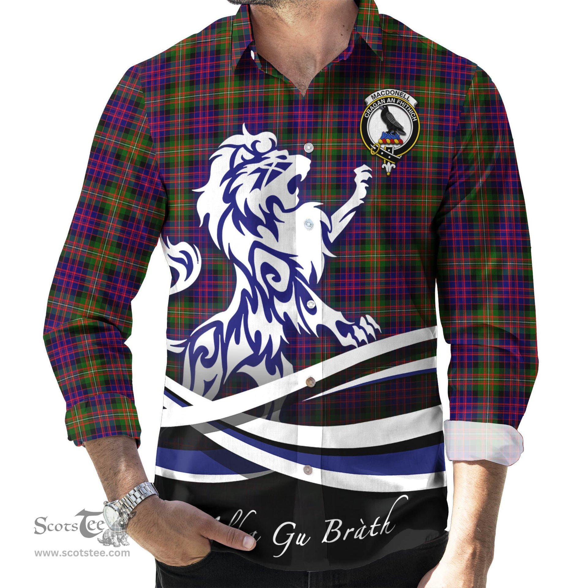 ScotsTee Shop Scottish MacDonell of Glengarry Modern Clan Crest Tartan Alba Gu Brath Regal Lion Emblem Long Sleeve Shirt