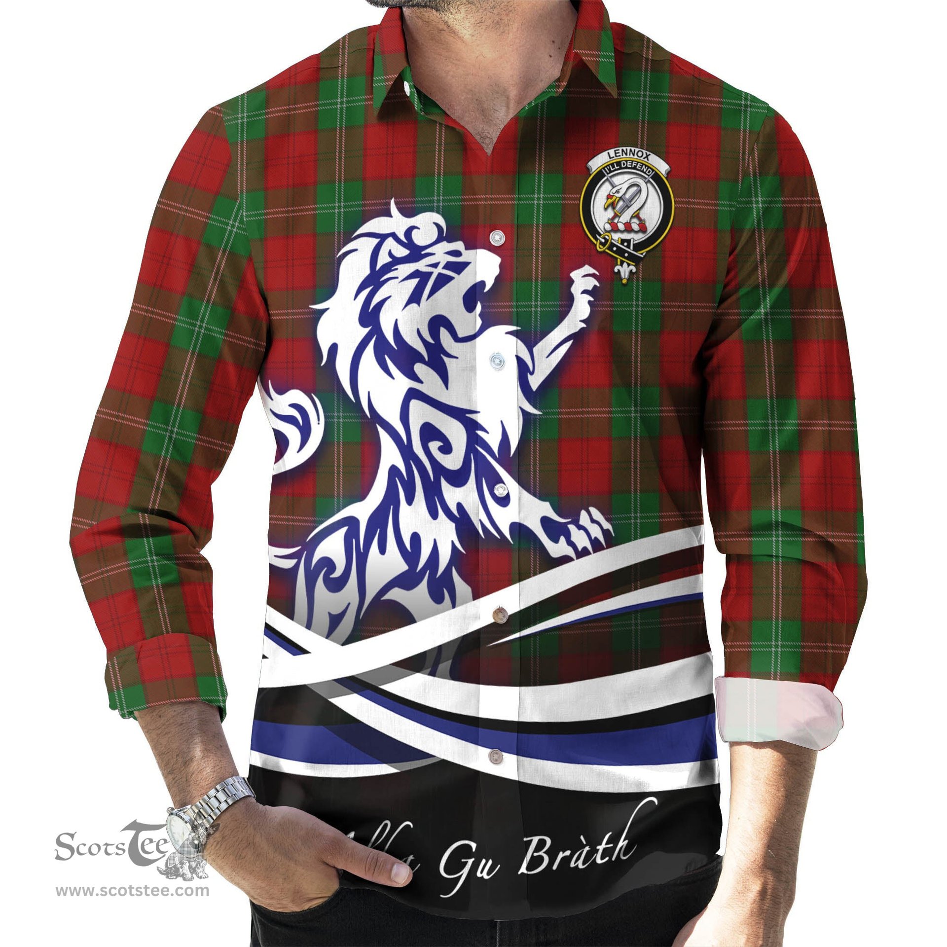 ScotsTee Shop Scottish Lennox Clan Crest Tartan Alba Gu Brath Regal Lion Emblem Long Sleeve Shirt