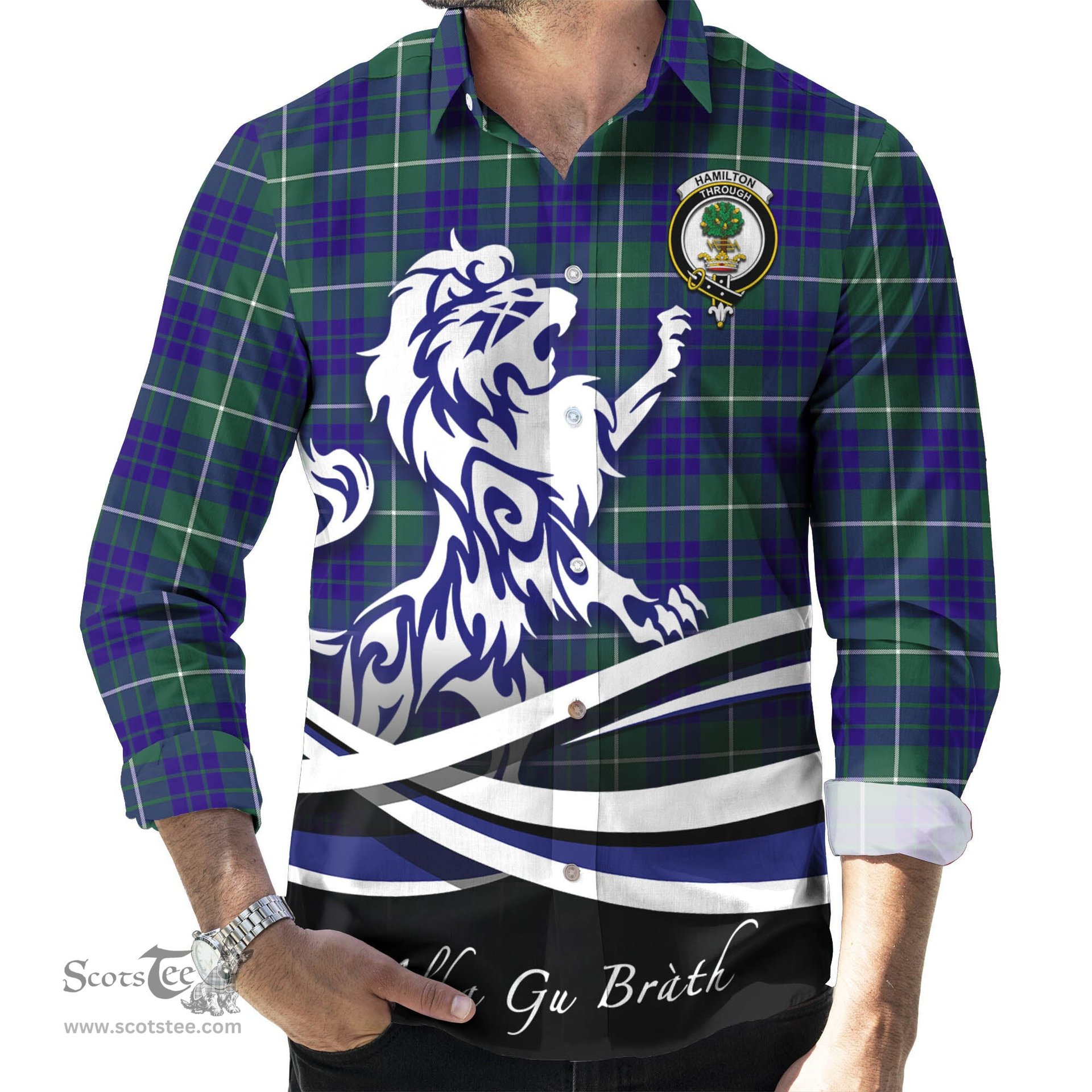 ScotsTee Shop Scottish Hamilton Hunting Modern Clan Crest Tartan Alba Gu Brath Regal Lion Emblem Long Sleeve Shirt