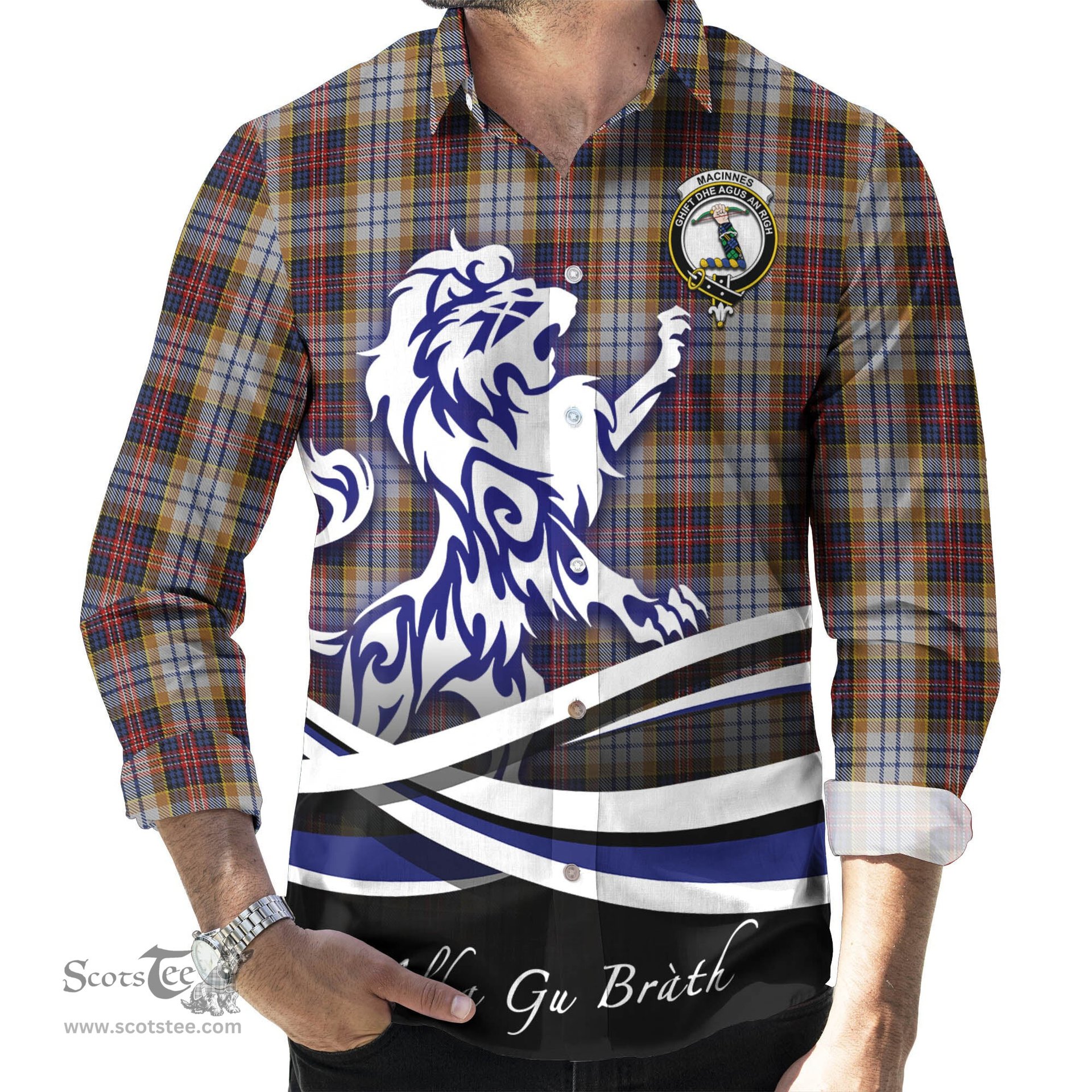 ScotsTee Shop Scottish MacInnes Ancient Hunting Clan Crest Tartan Alba Gu Brath Regal Lion Emblem Long Sleeve Shirt