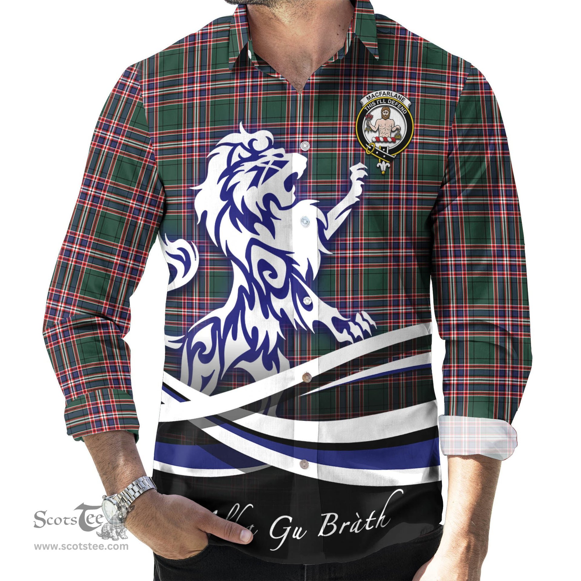 ScotsTee Shop Scottish MacFarlane Hunting Modern Clan Crest Tartan Alba Gu Brath Regal Lion Emblem Long Sleeve Shirt