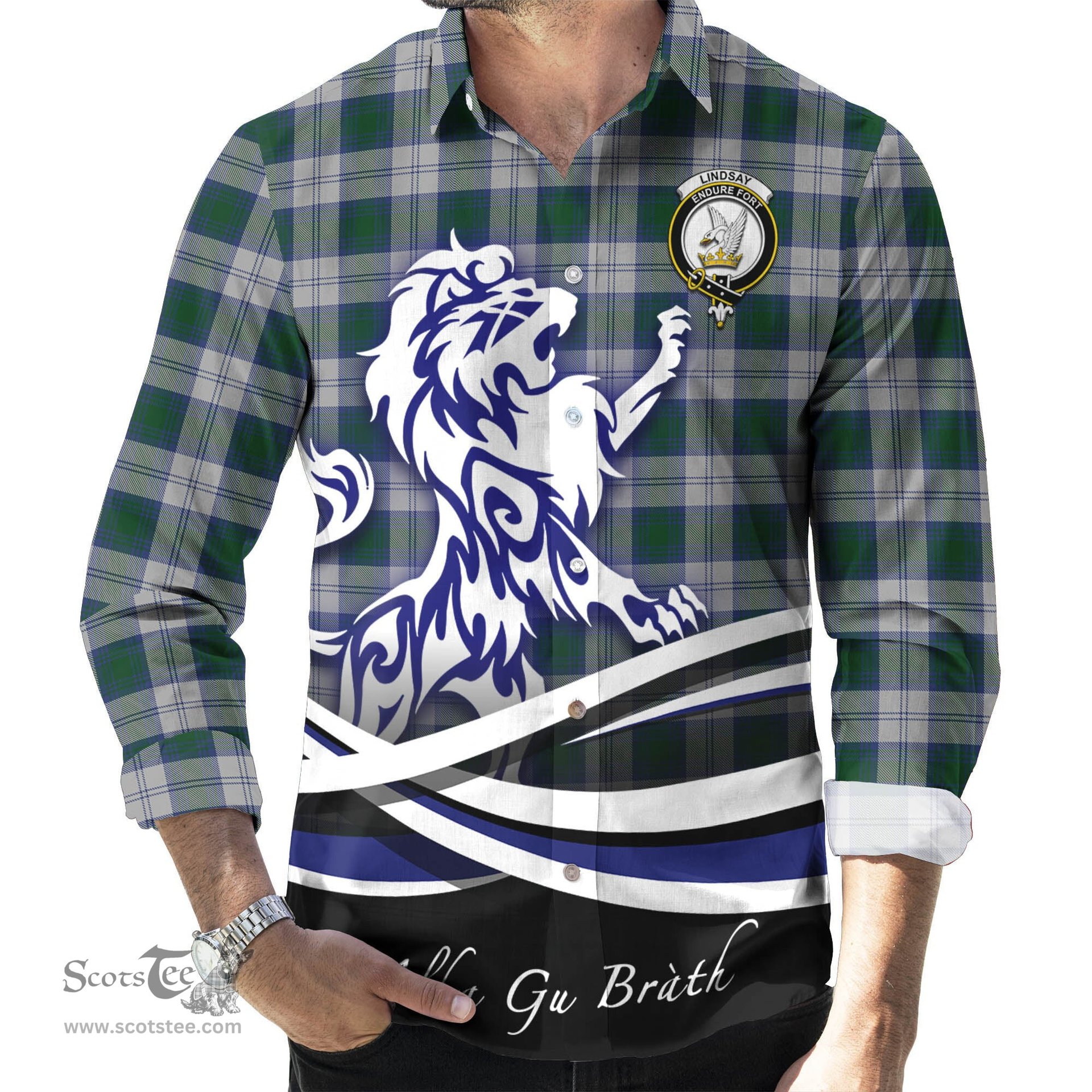 ScotsTee Shop Scottish Lindsay Dress Clan Crest Tartan Alba Gu Brath Regal Lion Emblem Long Sleeve Shirt