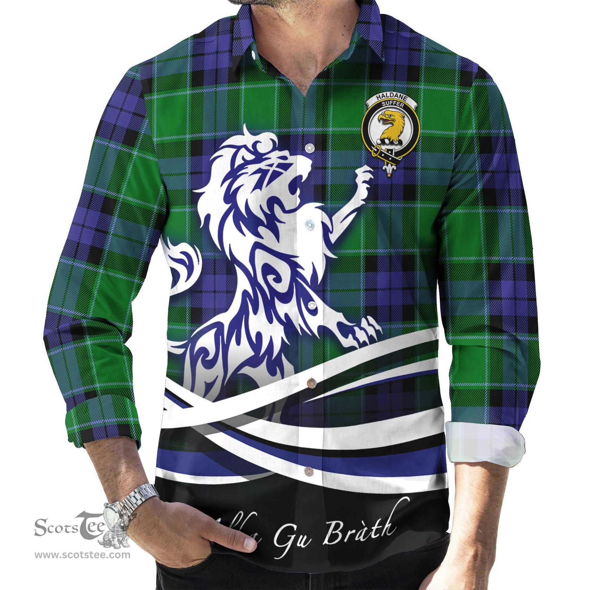 ScotsTee Shop Scottish Haldane Clan Crest Tartan Alba Gu Brath Regal Lion Emblem Long Sleeve Shirt
