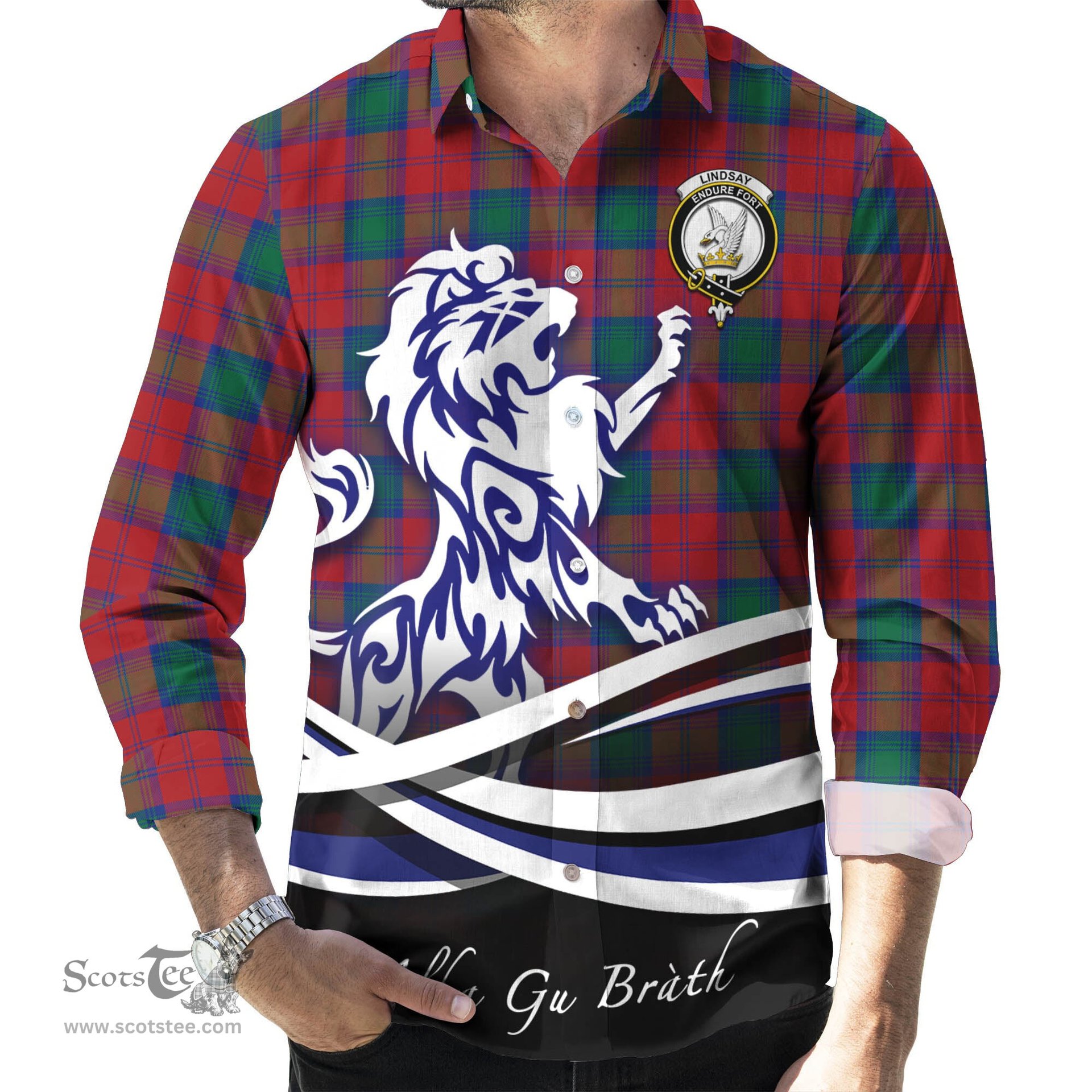 ScotsTee Shop Scottish Lindsay Modern Clan Crest Tartan Alba Gu Brath Regal Lion Emblem Long Sleeve Shirt