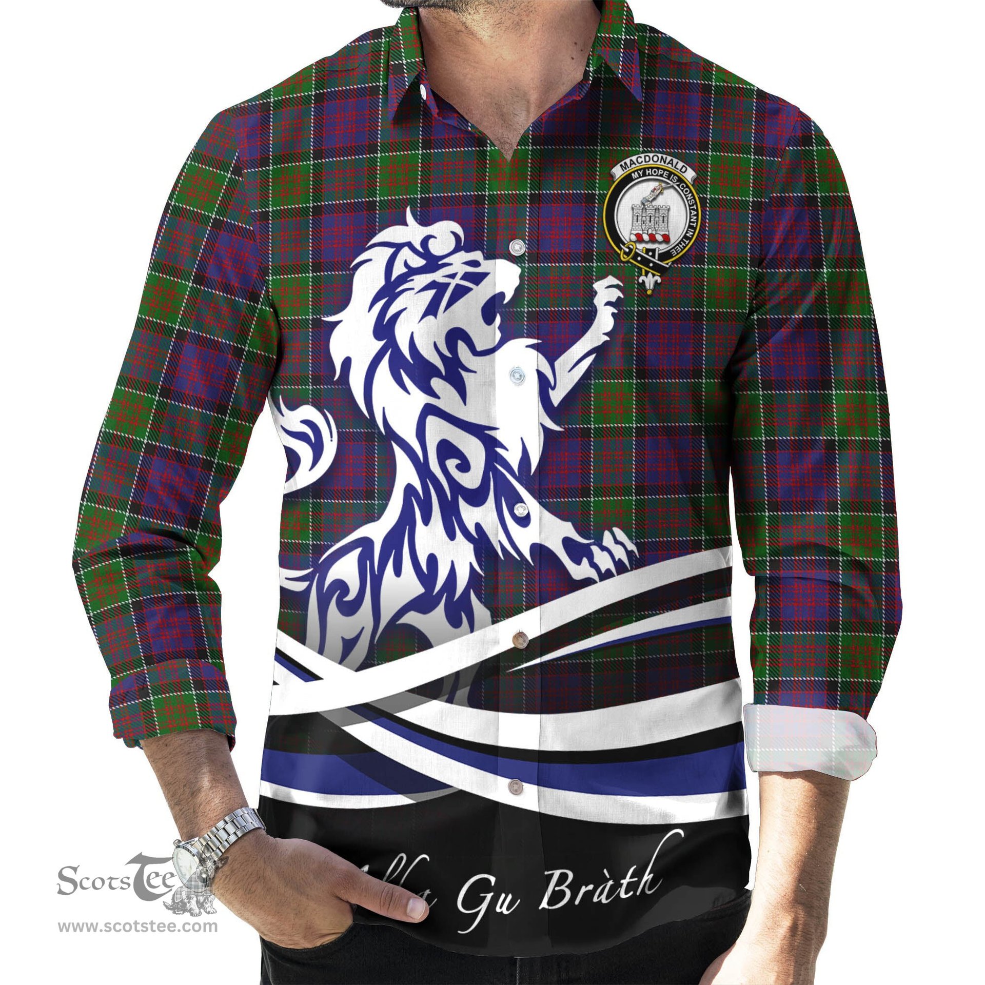 ScotsTee Shop Scottish MacDonald of Clan Ranald Modern Clan Crest Tartan Alba Gu Brath Regal Lion Emblem Long Sleeve Shirt