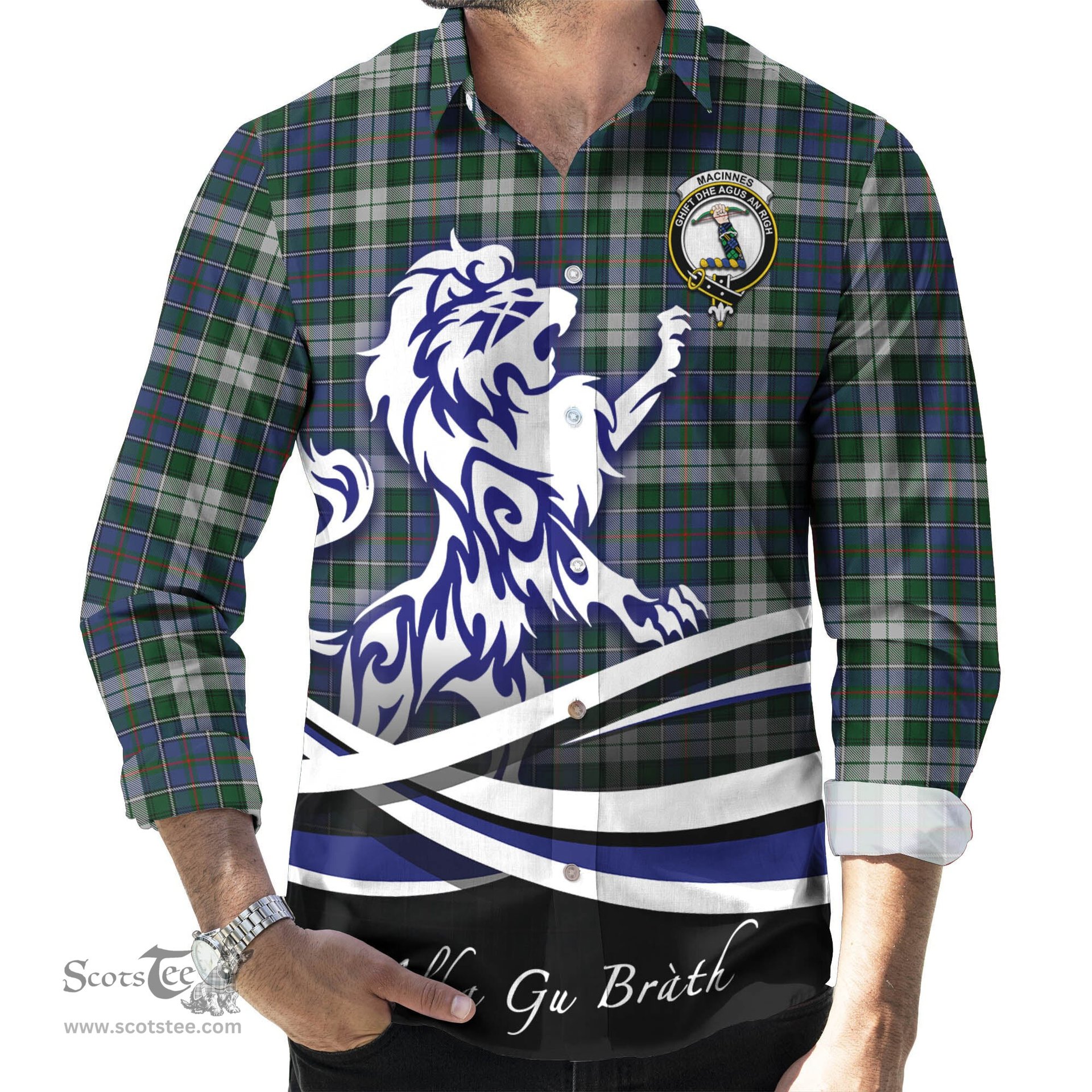 ScotsTee Shop Scottish MacInnes Dress Clan Crest Tartan Alba Gu Brath Regal Lion Emblem Long Sleeve Shirt