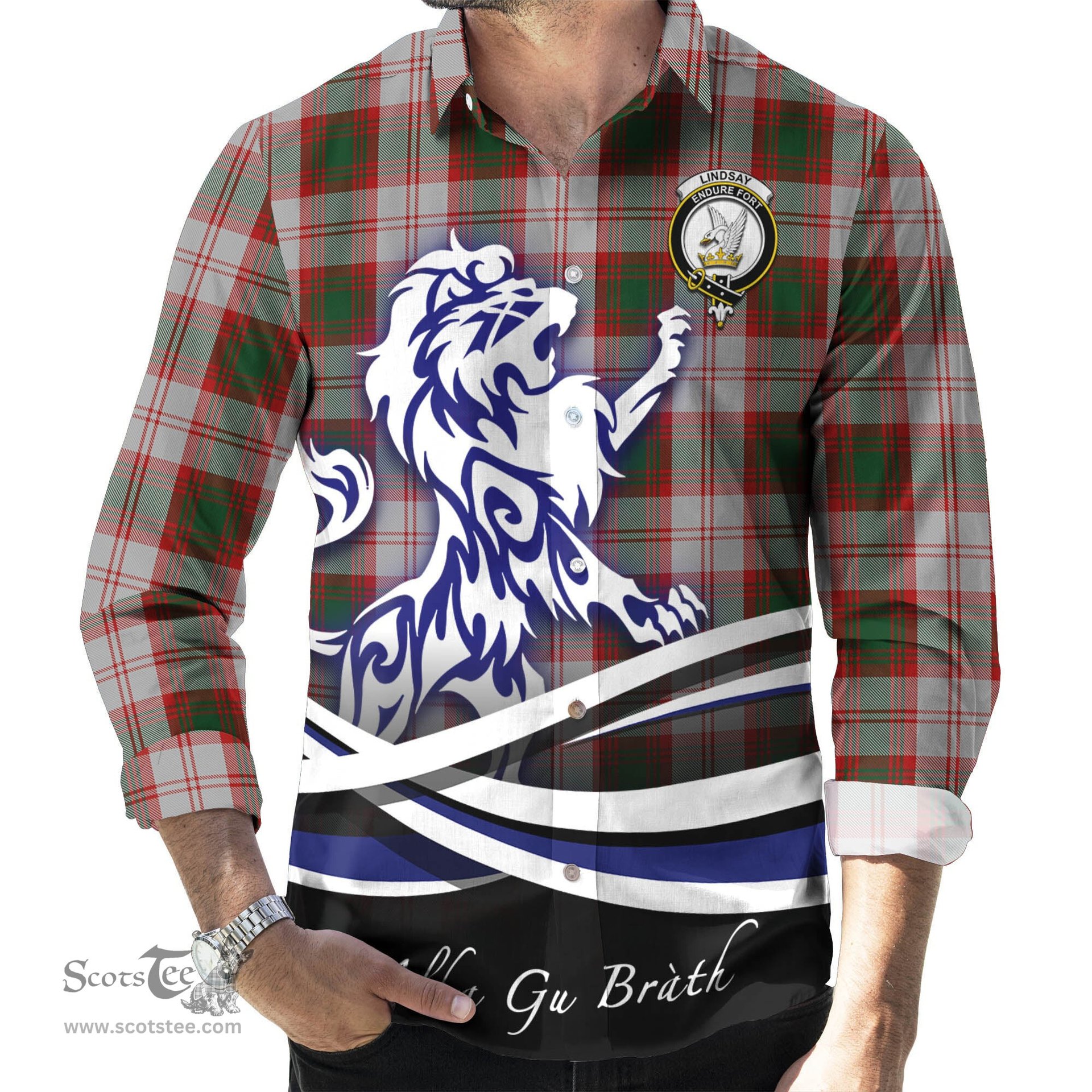 ScotsTee Shop Scottish Lindsay Dress Red Clan Crest Tartan Alba Gu Brath Regal Lion Emblem Long Sleeve Shirt