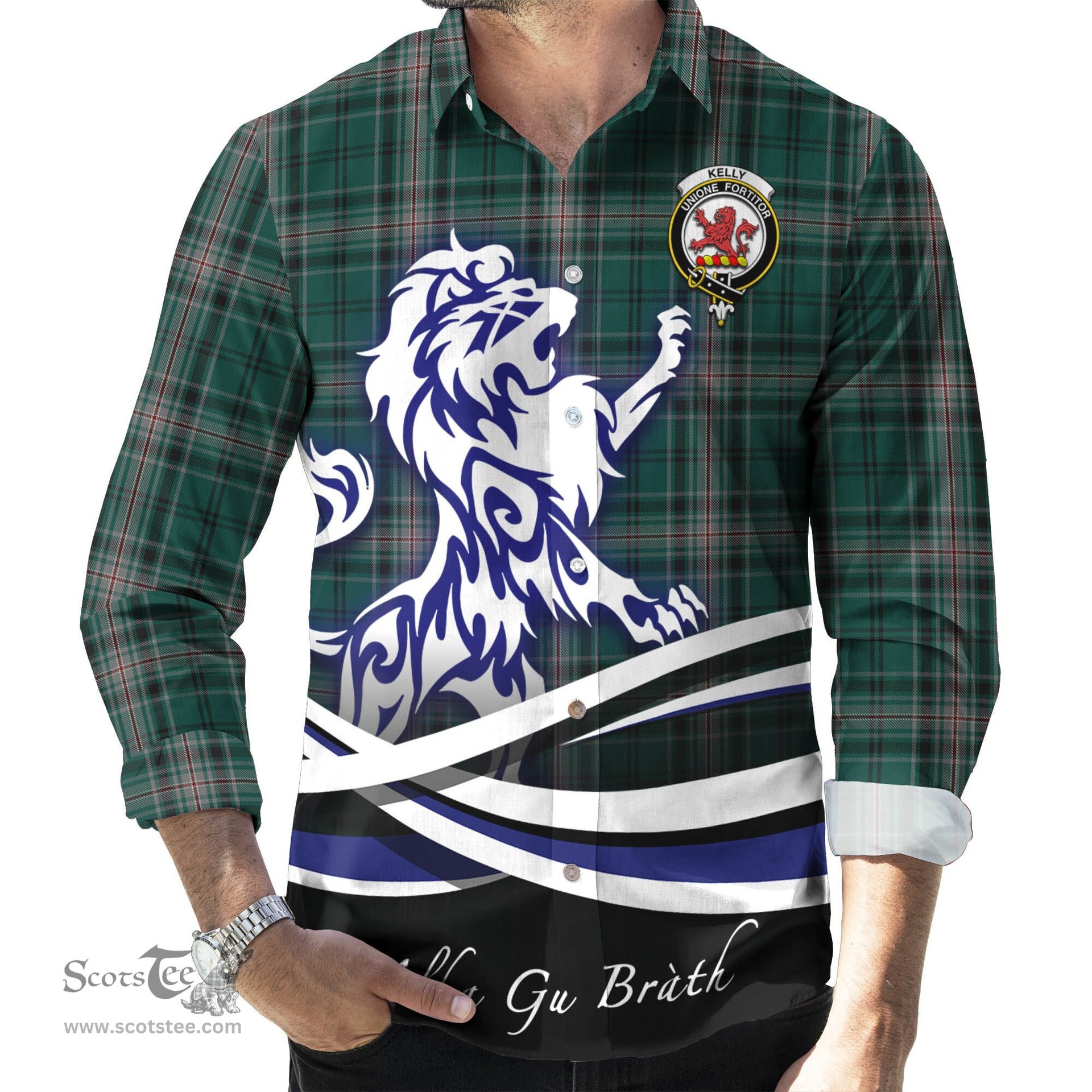 ScotsTee Shop Scottish Kelly of Sleat Hunting Clan Crest Tartan Alba Gu Brath Regal Lion Emblem Long Sleeve Shirt