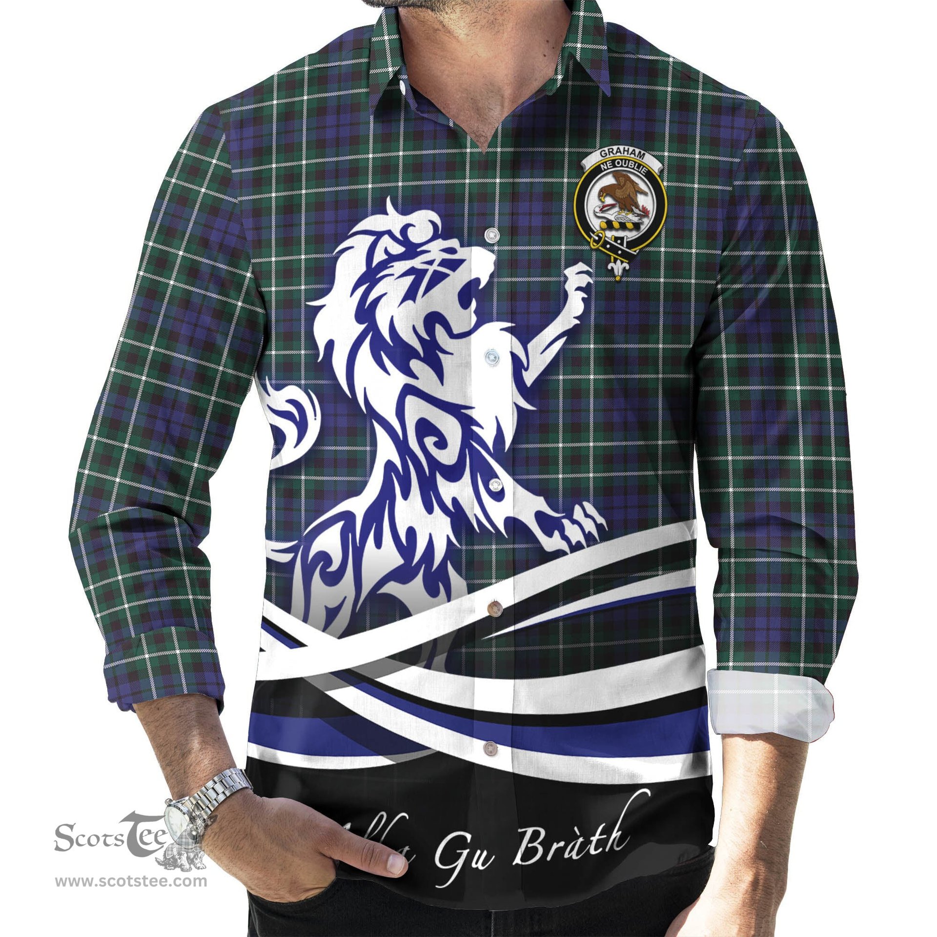 ScotsTee Shop Scottish Graham of Montrose Modern Clan Crest Tartan Alba Gu Brath Regal Lion Emblem Long Sleeve Shirt