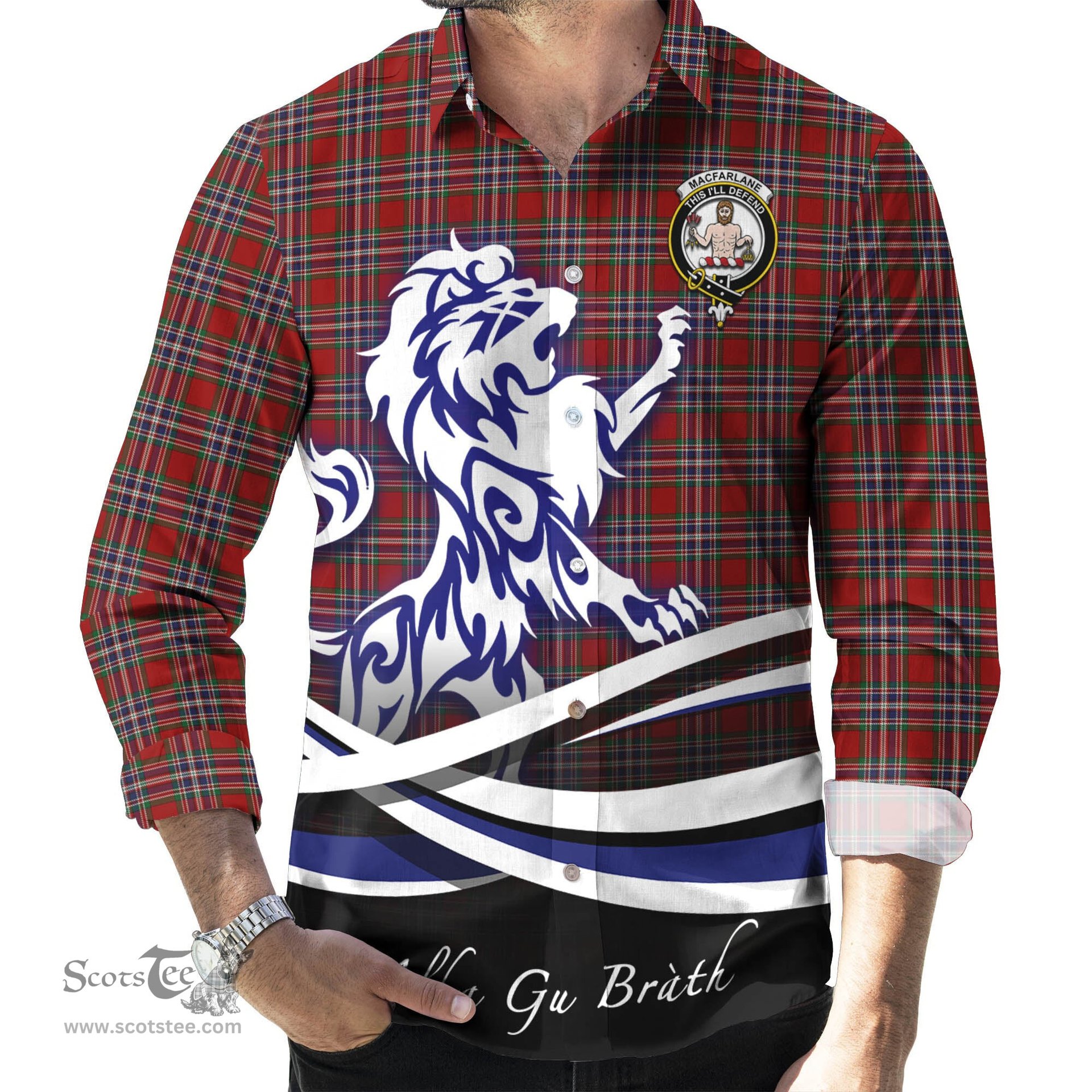 ScotsTee Shop Scottish MacFarlane Red Clan Crest Tartan Alba Gu Brath Regal Lion Emblem Long Sleeve Shirt