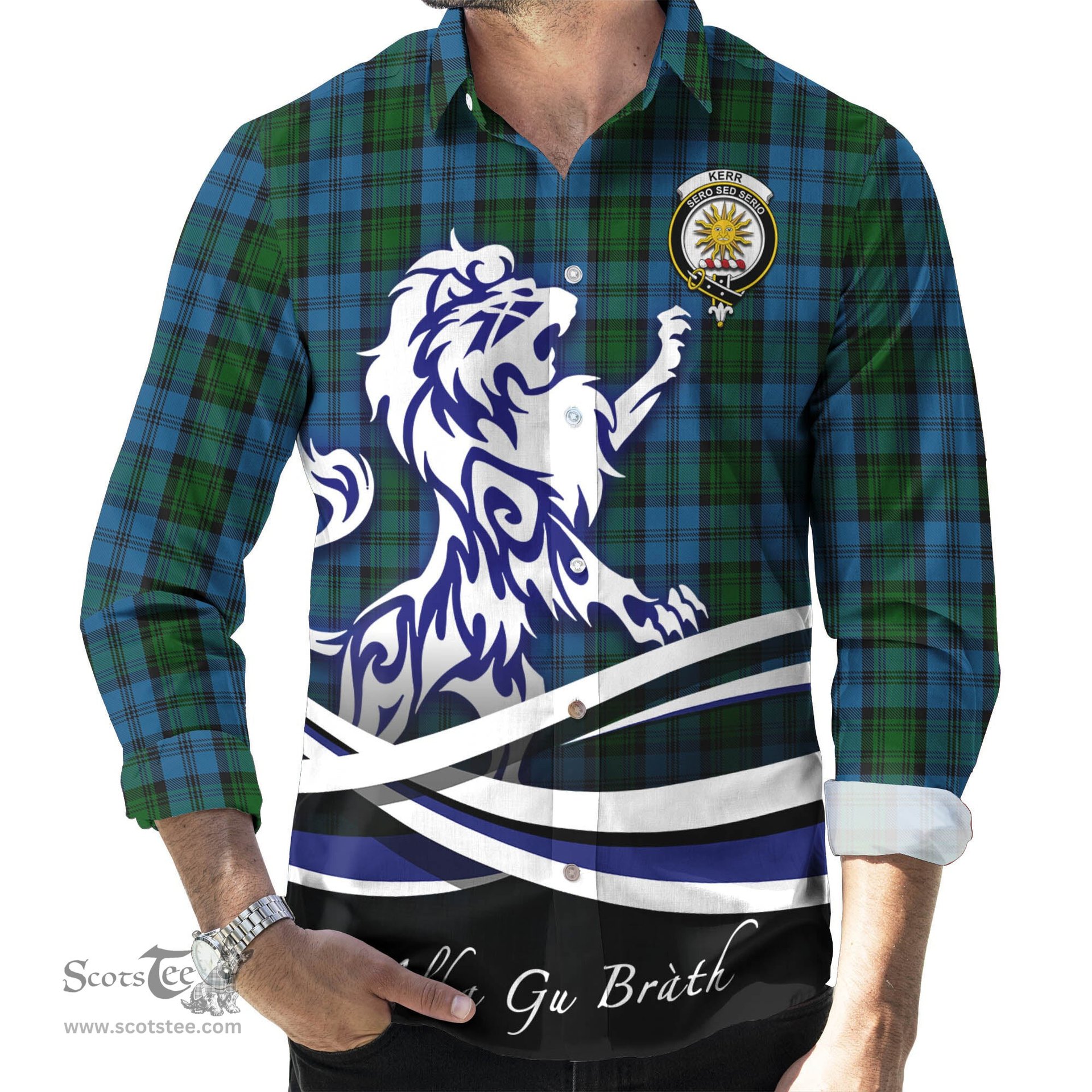 ScotsTee Shop Scottish Kerr Hunting Clan Crest Tartan Alba Gu Brath Regal Lion Emblem Long Sleeve Shirt