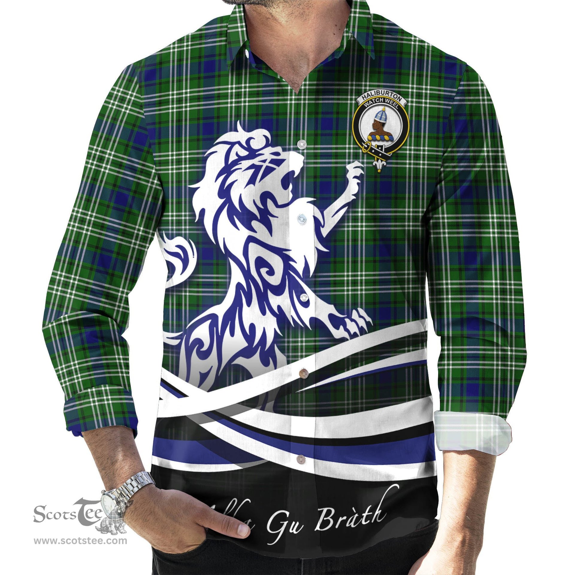 ScotsTee Shop Scottish Haliburton Clan Crest Tartan Alba Gu Brath Regal Lion Emblem Long Sleeve Shirt