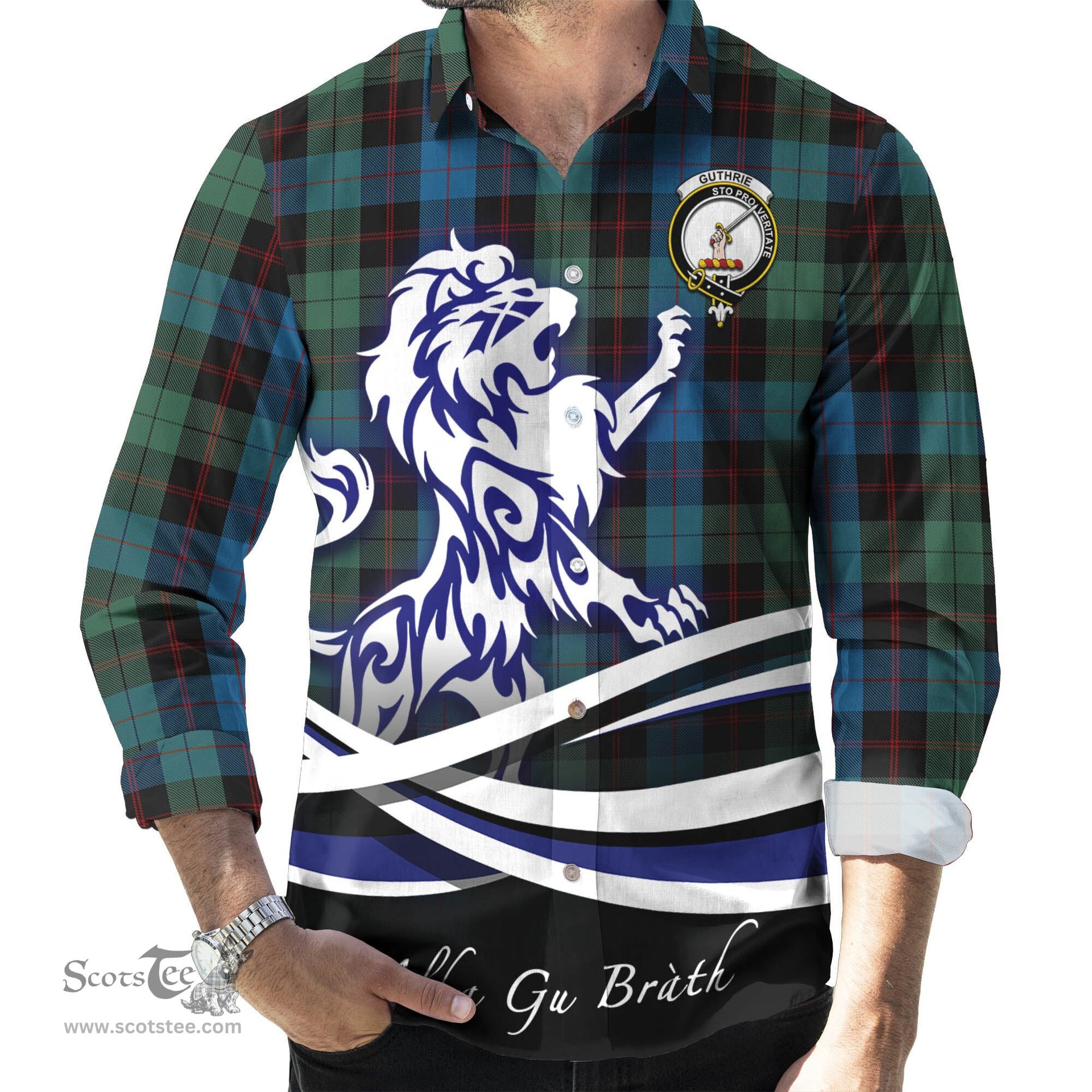 ScotsTee Shop Scottish Guthrie Clan Crest Tartan Alba Gu Brath Regal Lion Emblem Long Sleeve Shirt