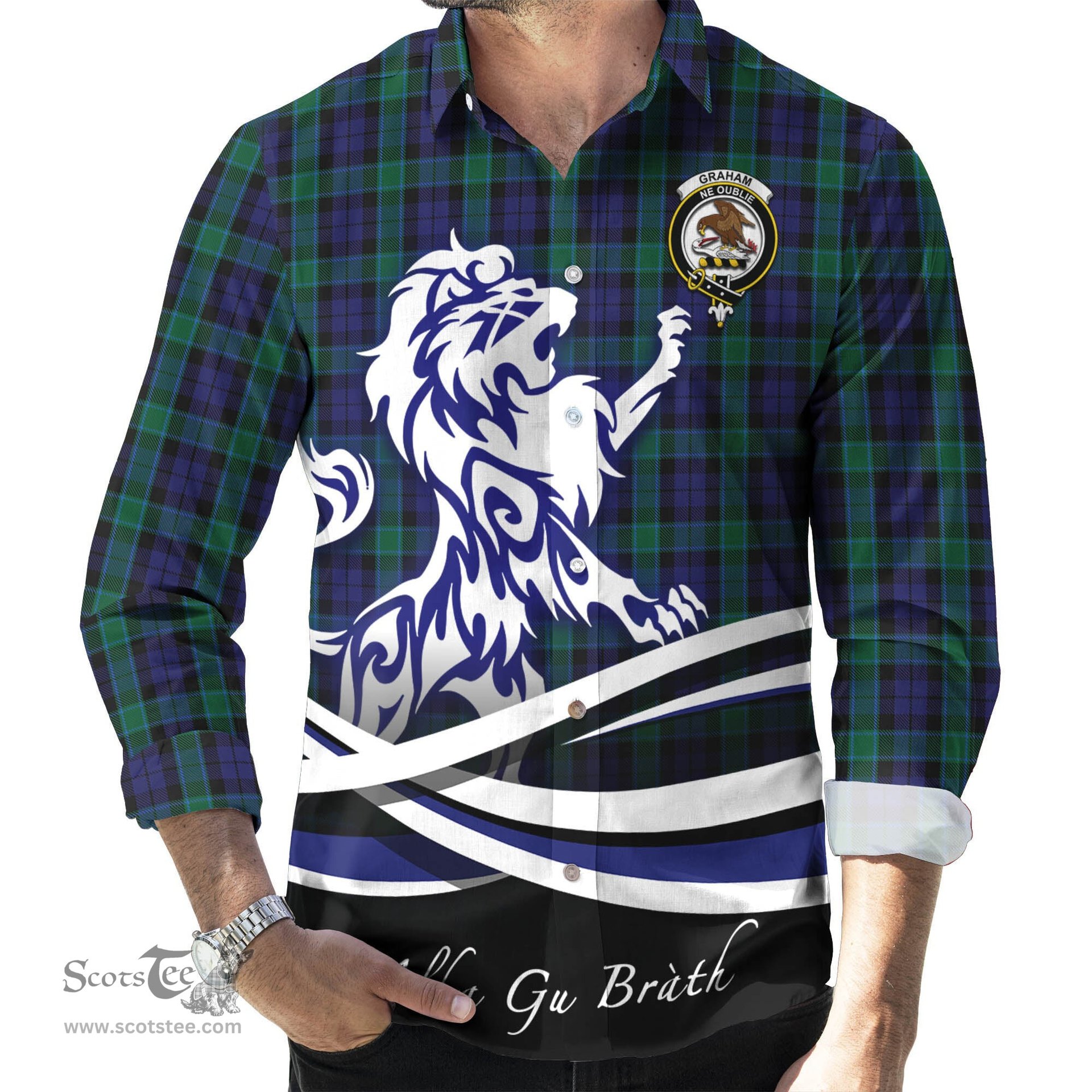 ScotsTee Shop Scottish Graham of Menteith Clan Crest Tartan Alba Gu Brath Regal Lion Emblem Long Sleeve Shirt