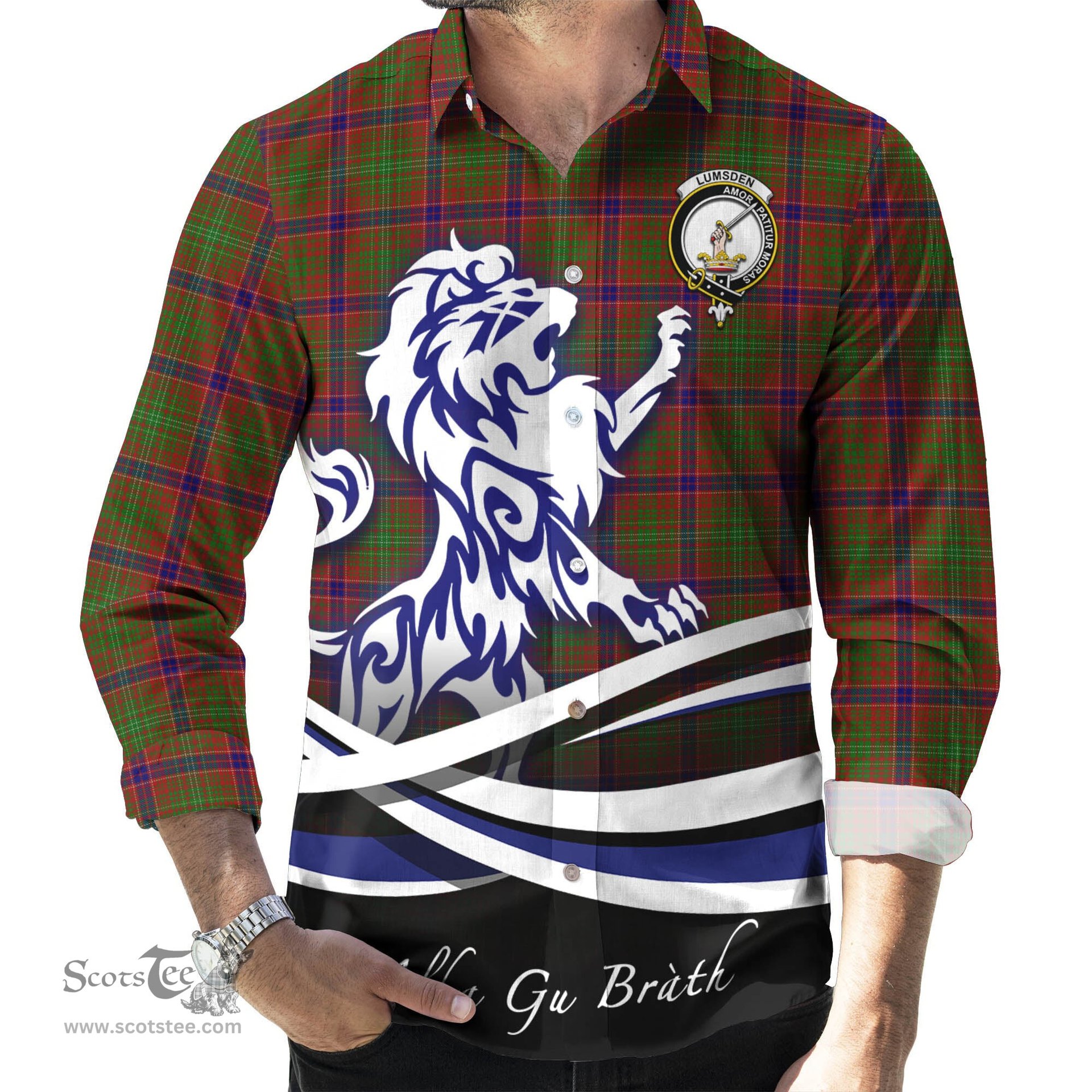 ScotsTee Shop Scottish Lumsden Clan Crest Tartan Alba Gu Brath Regal Lion Emblem Long Sleeve Shirt