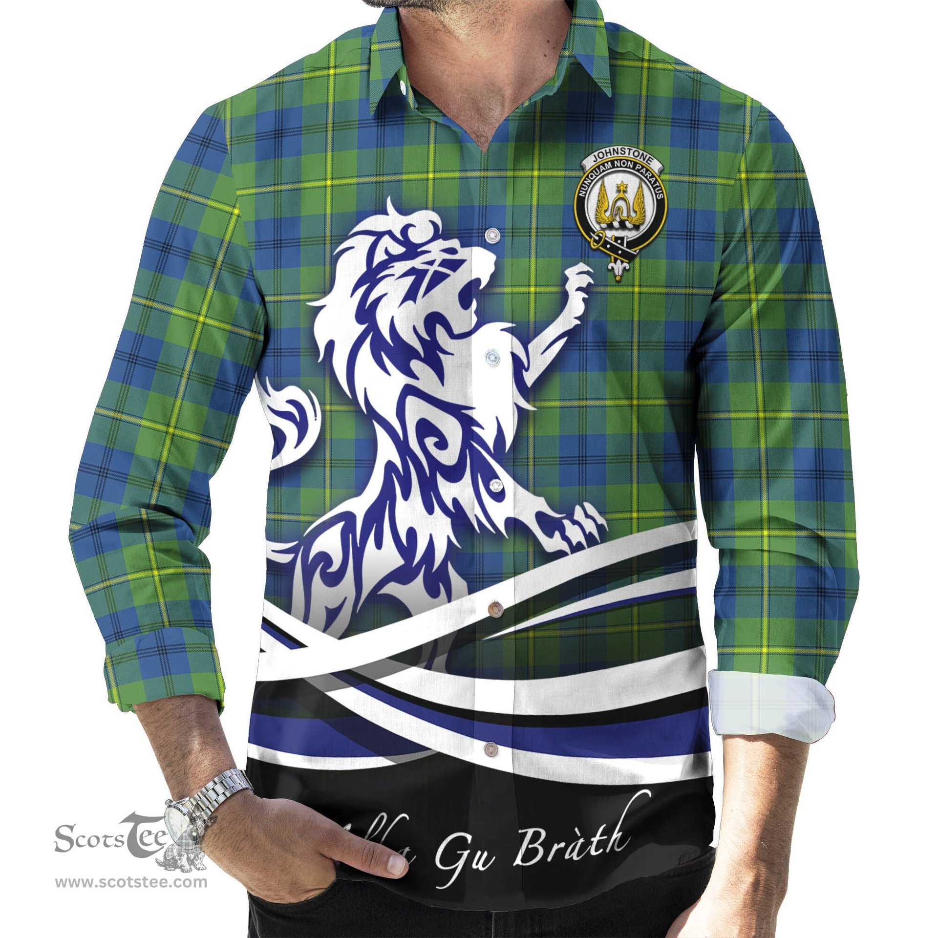 ScotsTee Shop Scottish Johnstone-Johnston Ancient Clan Crest Tartan Alba Gu Brath Regal Lion Emblem Long Sleeve Shirt