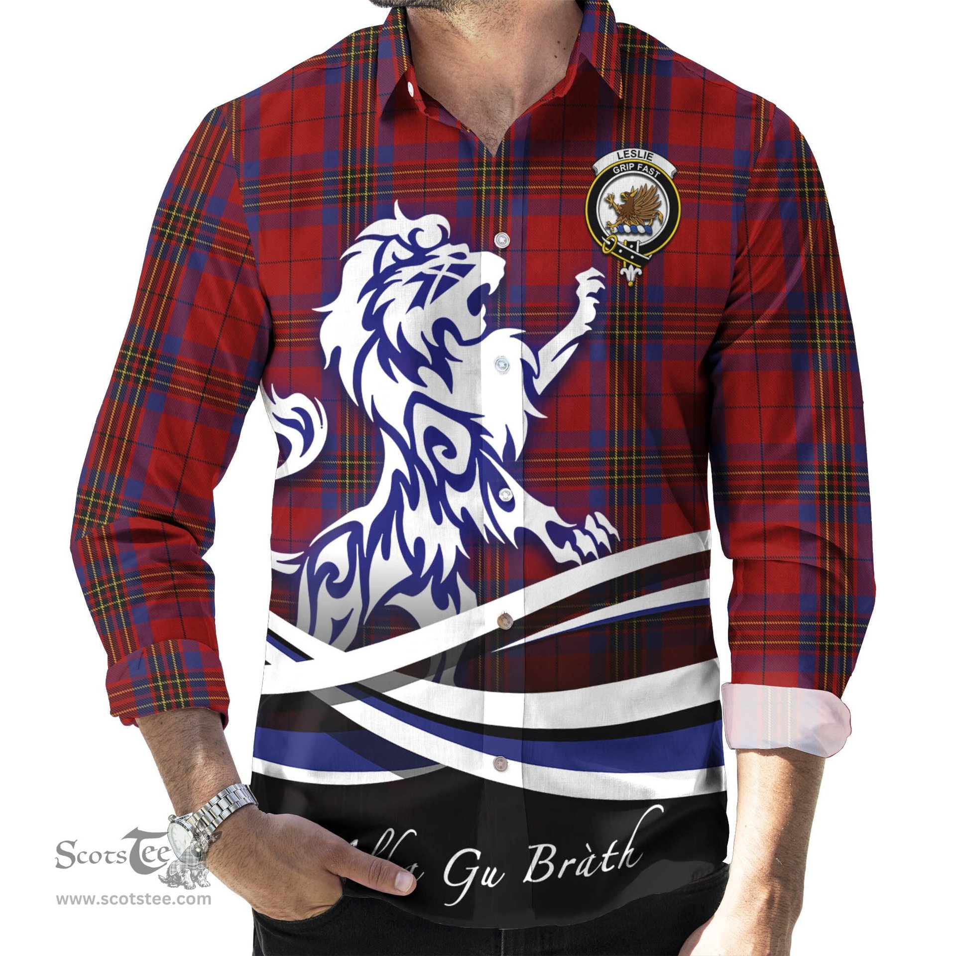 ScotsTee Shop Scottish Leslie Red Clan Crest Tartan Alba Gu Brath Regal Lion Emblem Long Sleeve Shirt