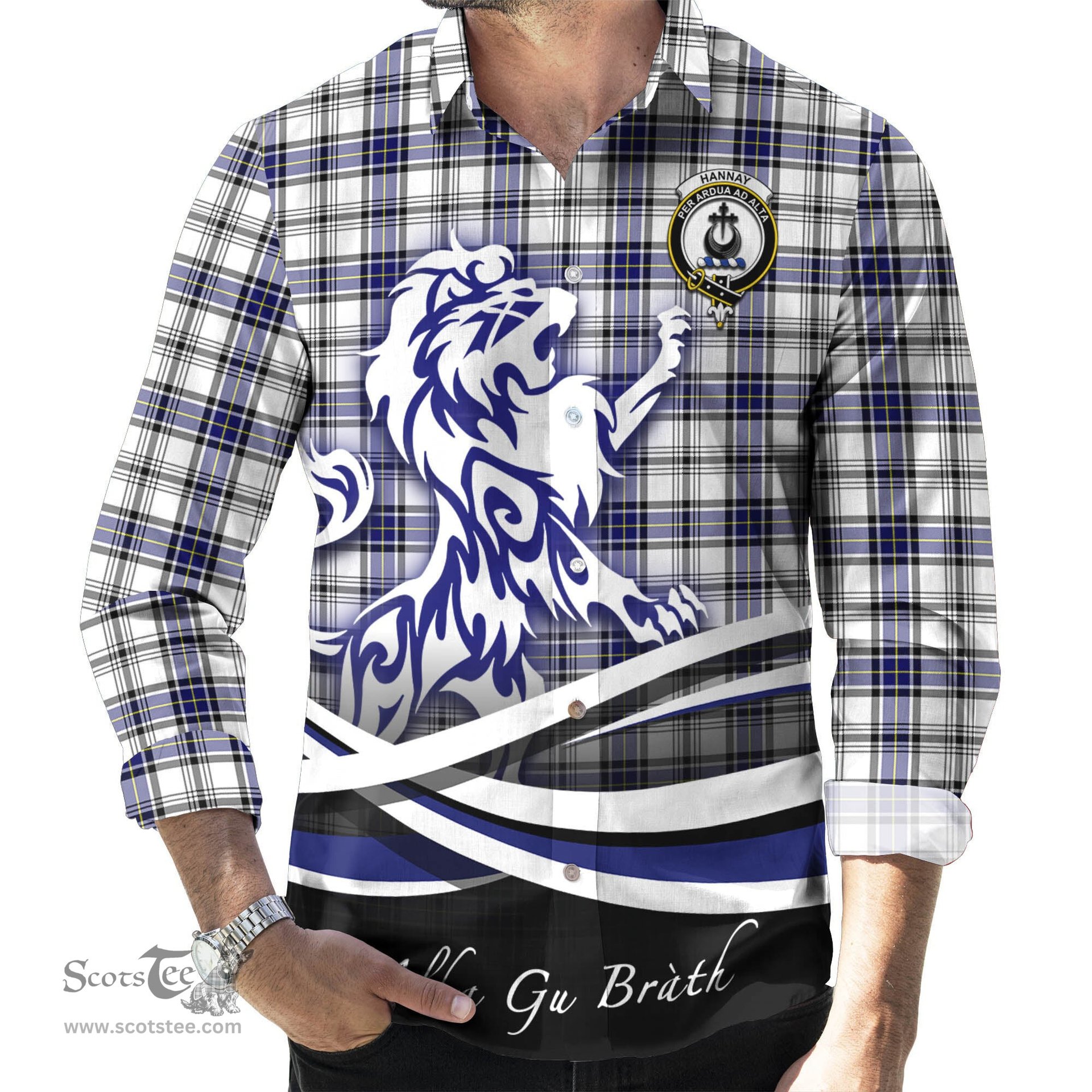 ScotsTee Shop Scottish Hannay Modern Clan Crest Tartan Alba Gu Brath Regal Lion Emblem Long Sleeve Shirt