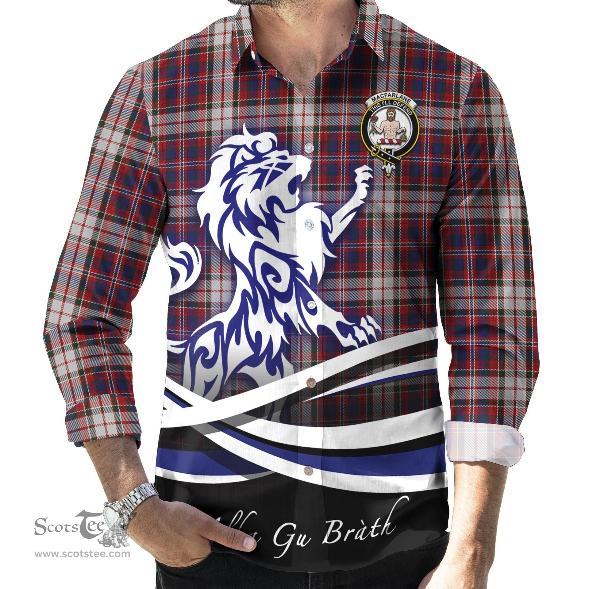ScotsTee Shop Scottish MacFarlane Dress Clan Crest Tartan Alba Gu Brath Regal Lion Emblem Long Sleeve Shirt