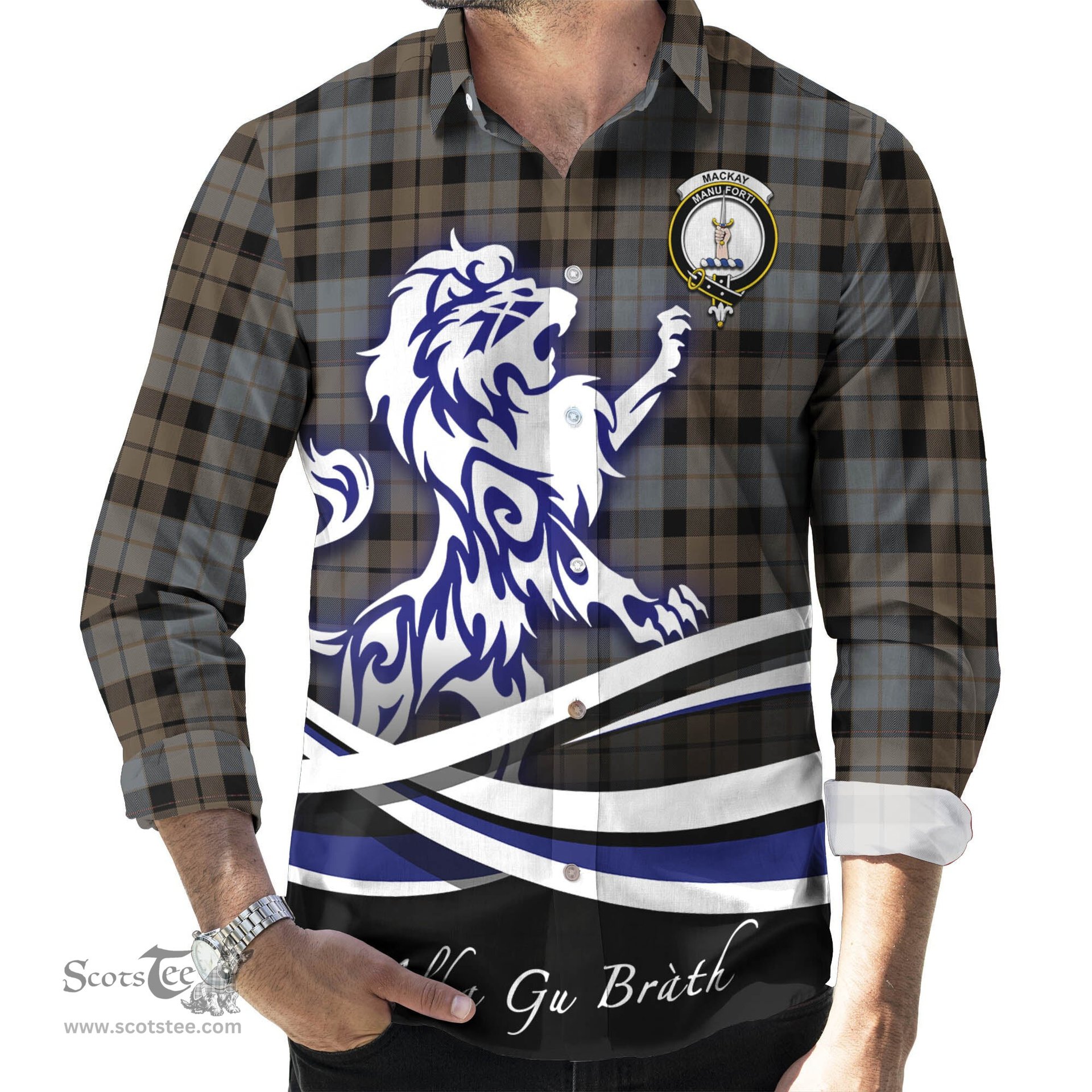 ScotsTee Shop Scottish MacKay Weathered Clan Crest Tartan Alba Gu Brath Regal Lion Emblem Long Sleeve Shirt
