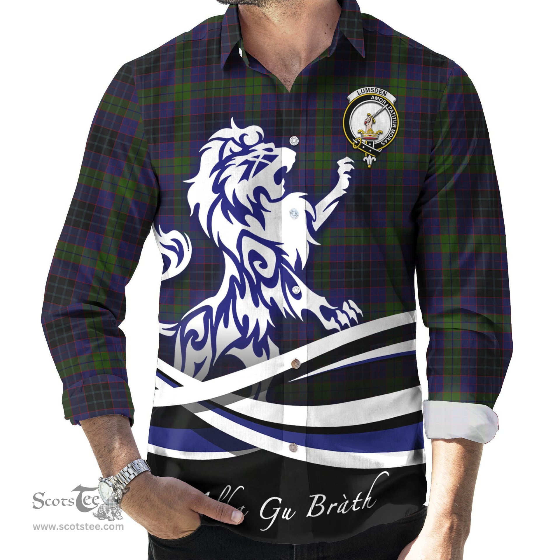 ScotsTee Shop Scottish Lumsden Hunting Clan Crest Tartan Alba Gu Brath Regal Lion Emblem Long Sleeve Shirt