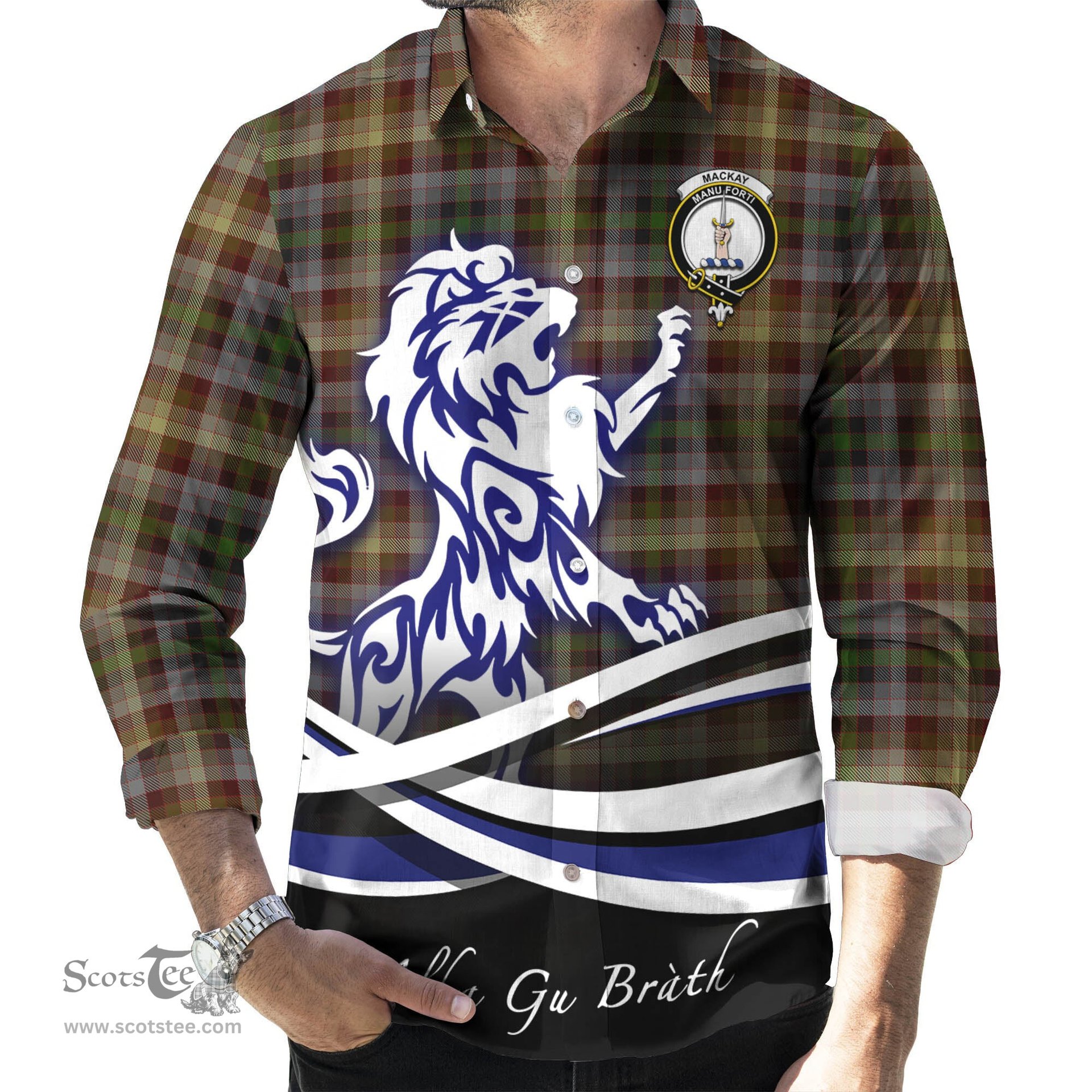 ScotsTee Shop Scottish MacKay of Strathnaver Clan Crest Tartan Alba Gu Brath Regal Lion Emblem Long Sleeve Shirt