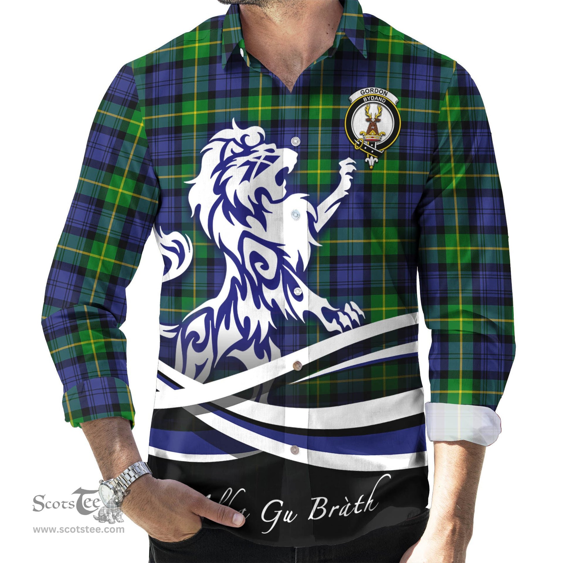 ScotsTee Shop Scottish Gordon Modern Clan Crest Tartan Alba Gu Brath Regal Lion Emblem Long Sleeve Shirt