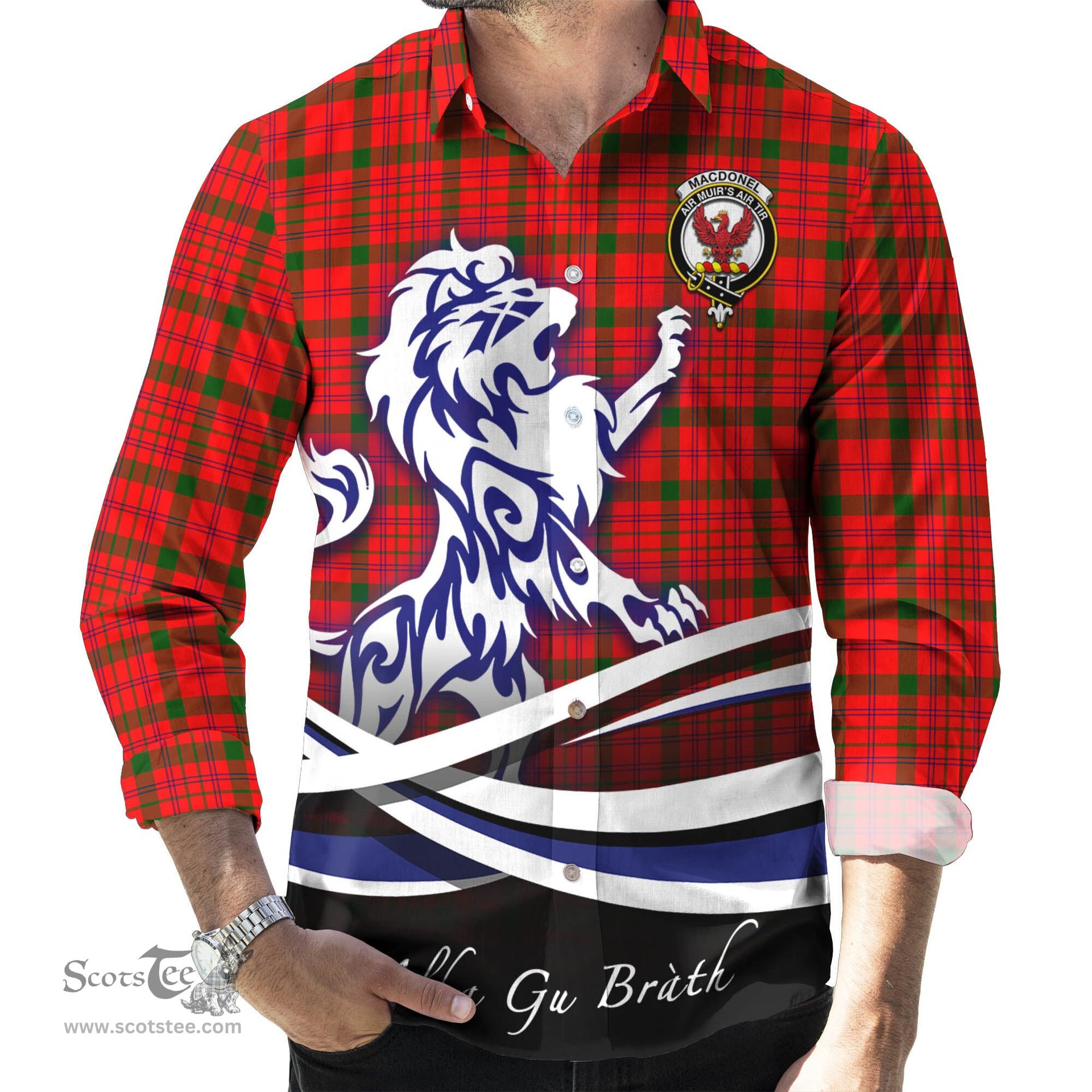 ScotsTee Shop Scottish MacDonell of Keppoch Modern Clan Crest Tartan Alba Gu Brath Regal Lion Emblem Long Sleeve Shirt