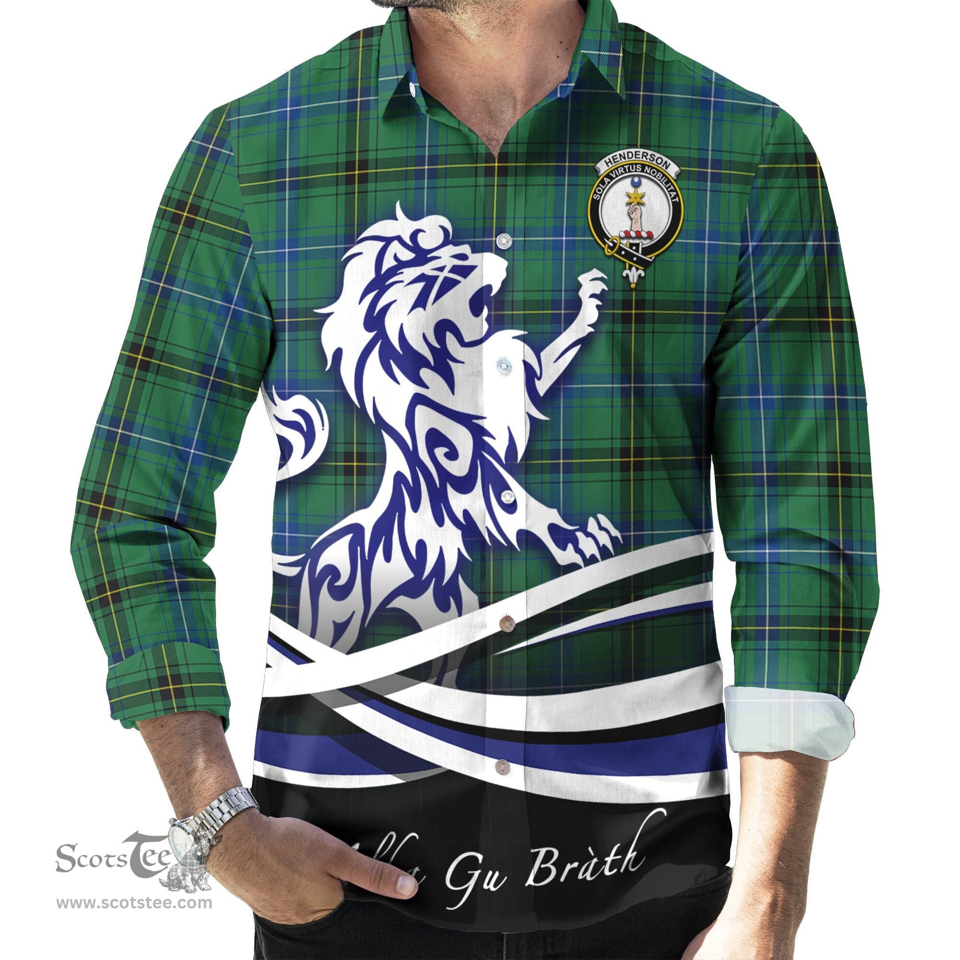 ScotsTee Shop Scottish Henderson Ancient Clan Crest Tartan Alba Gu Brath Regal Lion Emblem Long Sleeve Shirt