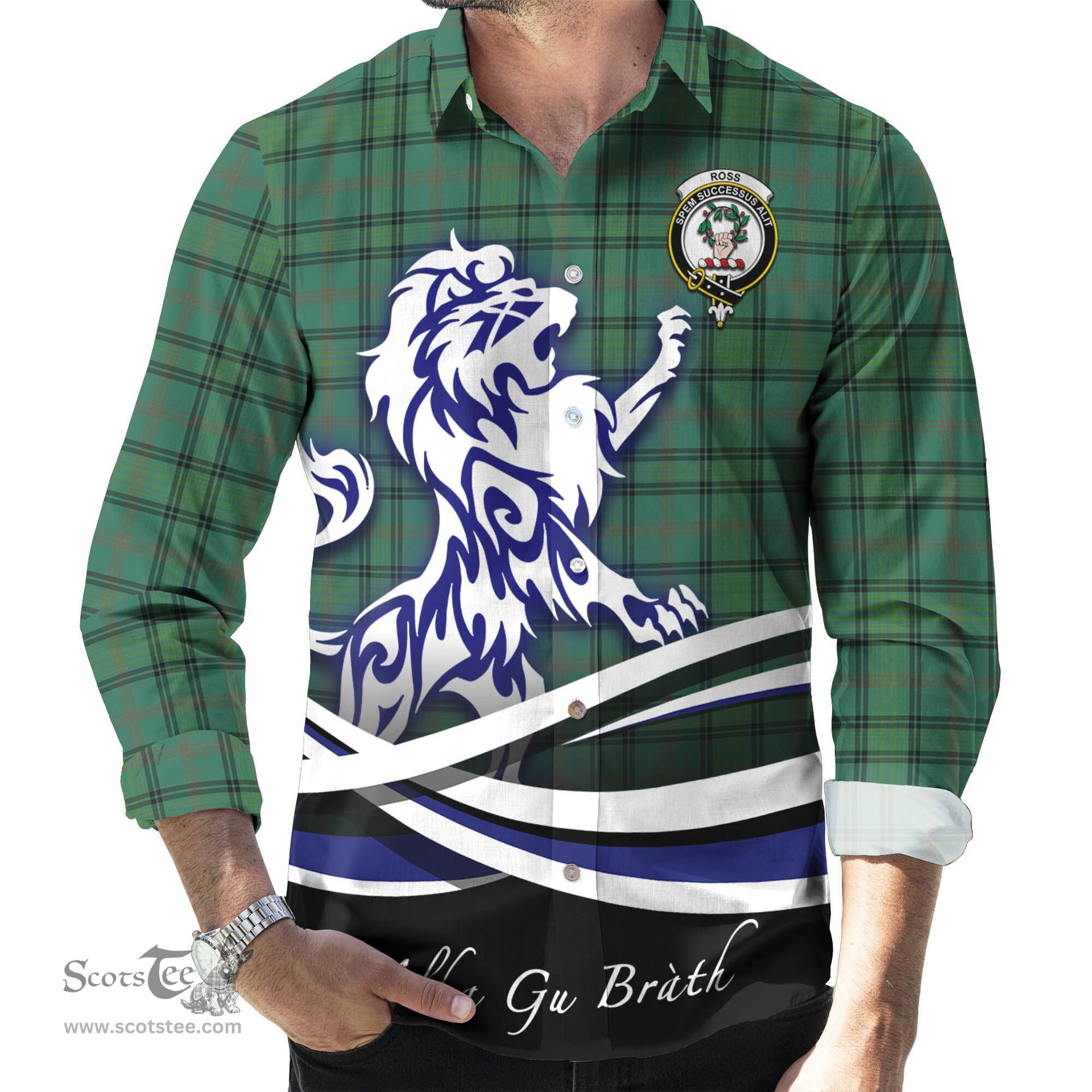 ScotsTee Shop Scottish Ross Hunting Ancient Clan Crest Tartan Alba Gu Brath Regal Lion Emblem Long Sleeve Shirt