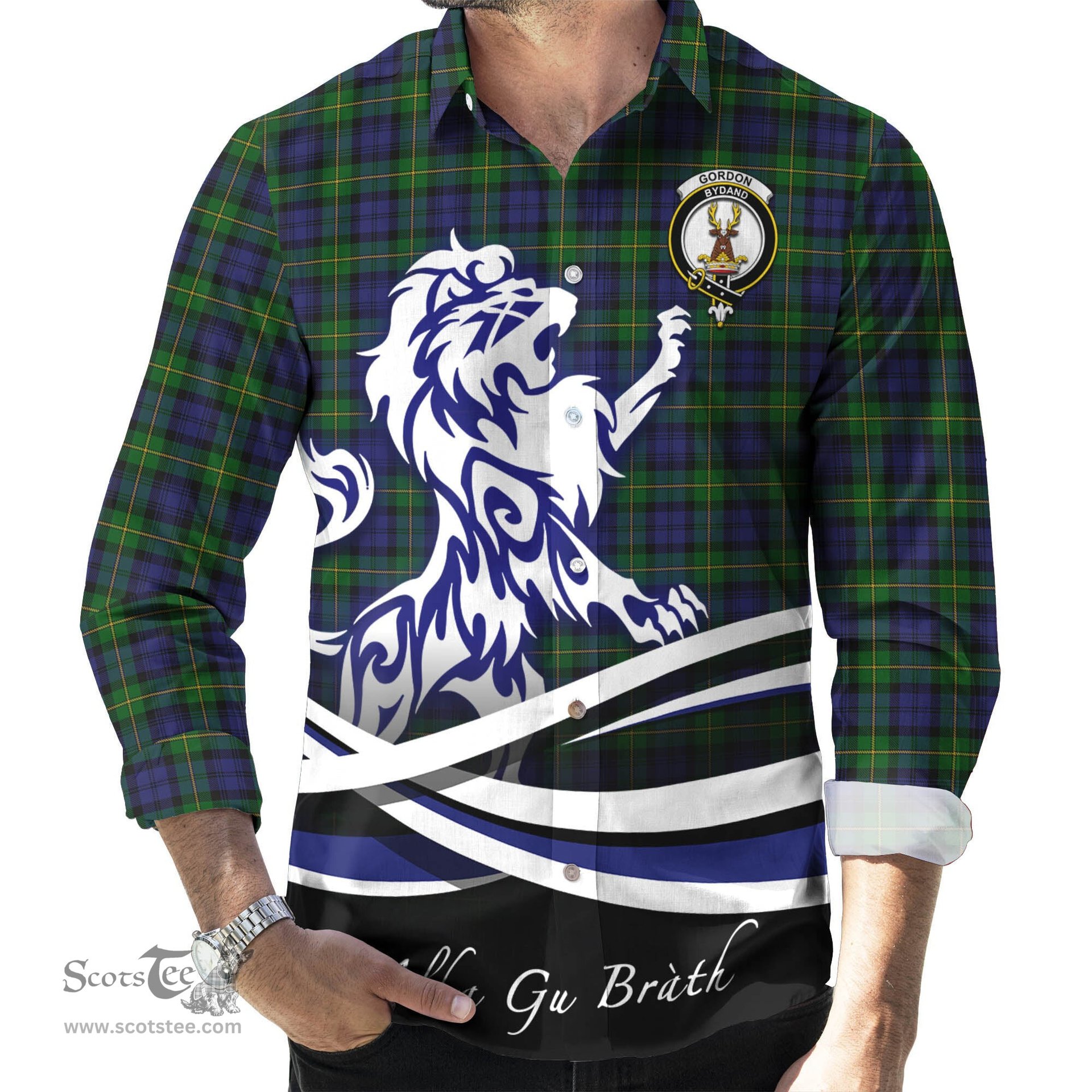 ScotsTee Shop Scottish Gordon Clan Crest Tartan Alba Gu Brath Regal Lion Emblem Long Sleeve Shirt