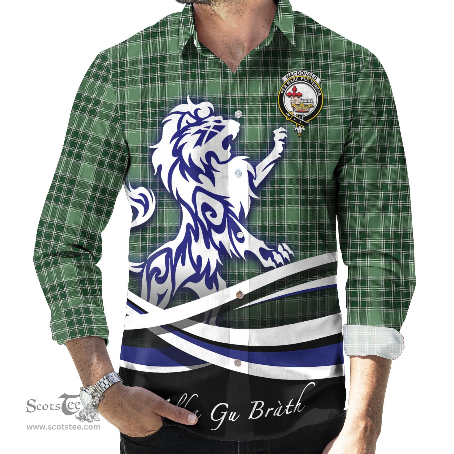 ScotsTee Shop Scottish MacDonald Lord of the Isles Hunting Clan Crest Tartan Alba Gu Brath Regal Lion Emblem Long Sleeve Shirt