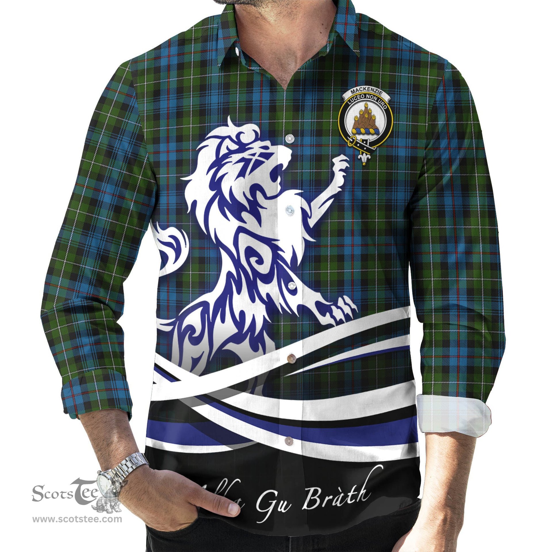 ScotsTee Shop Scottish MacKenzie Clan Crest Tartan Alba Gu Brath Regal Lion Emblem Long Sleeve Shirt