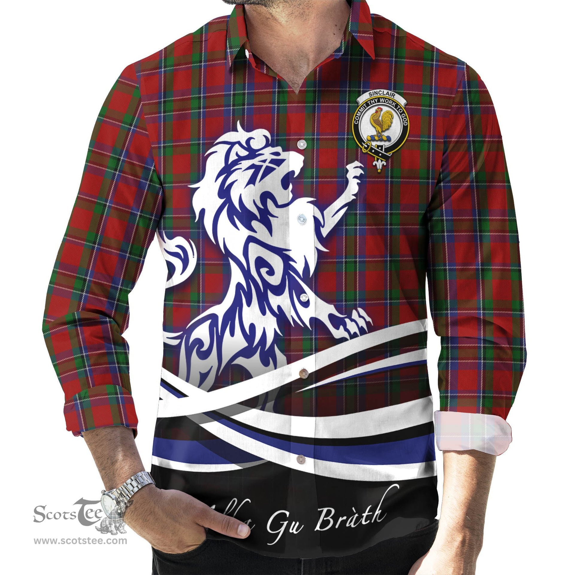 ScotsTee Shop Scottish Sinclair Clan Crest Tartan Alba Gu Brath Regal Lion Emblem Long Sleeve Shirt