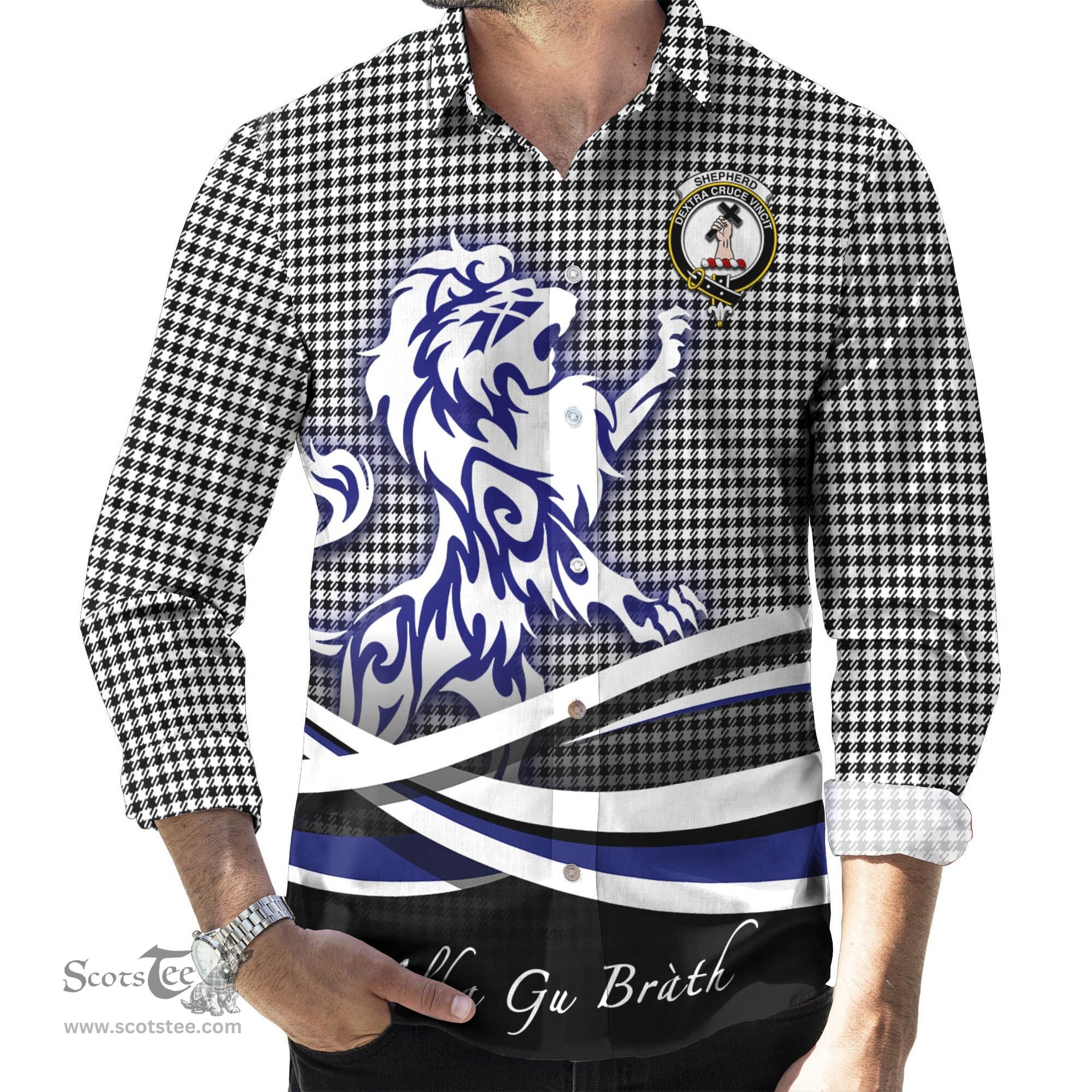 ScotsTee Shop Scottish Shepherd Clan Crest Tartan Alba Gu Brath Regal Lion Emblem Long Sleeve Shirt