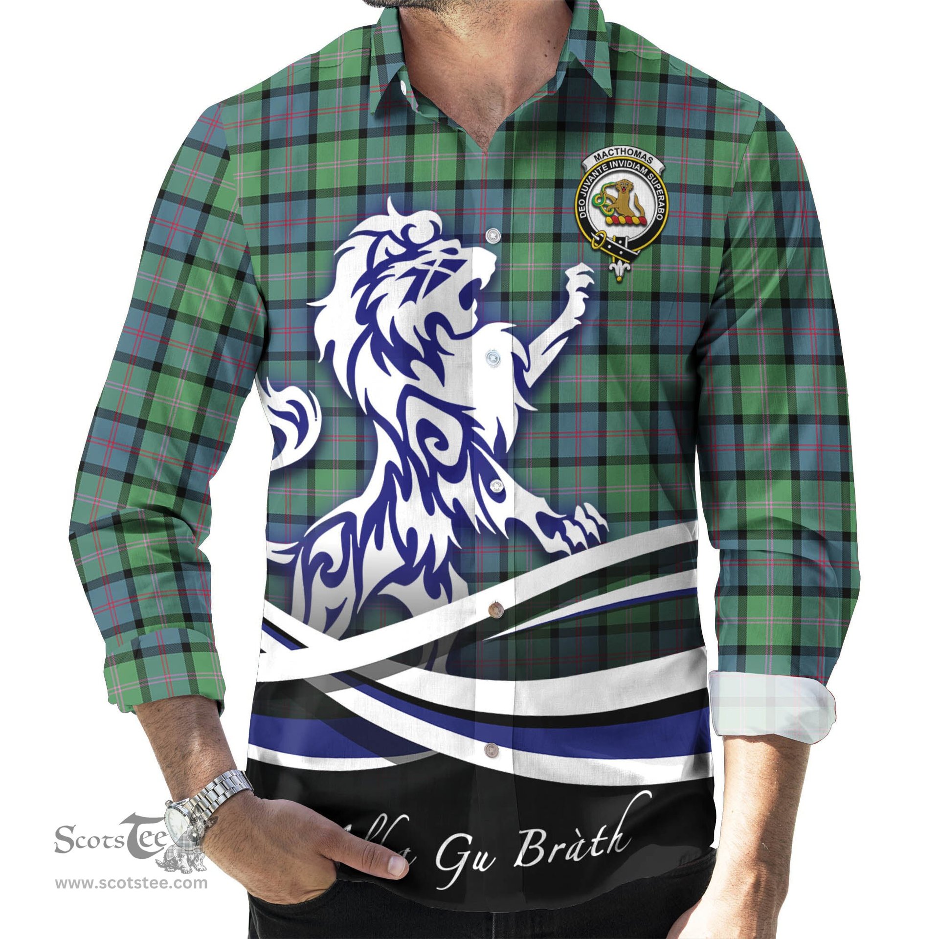 ScotsTee Shop Scottish MacThomas Ancient Clan Crest Tartan Alba Gu Brath Regal Lion Emblem Long Sleeve Shirt