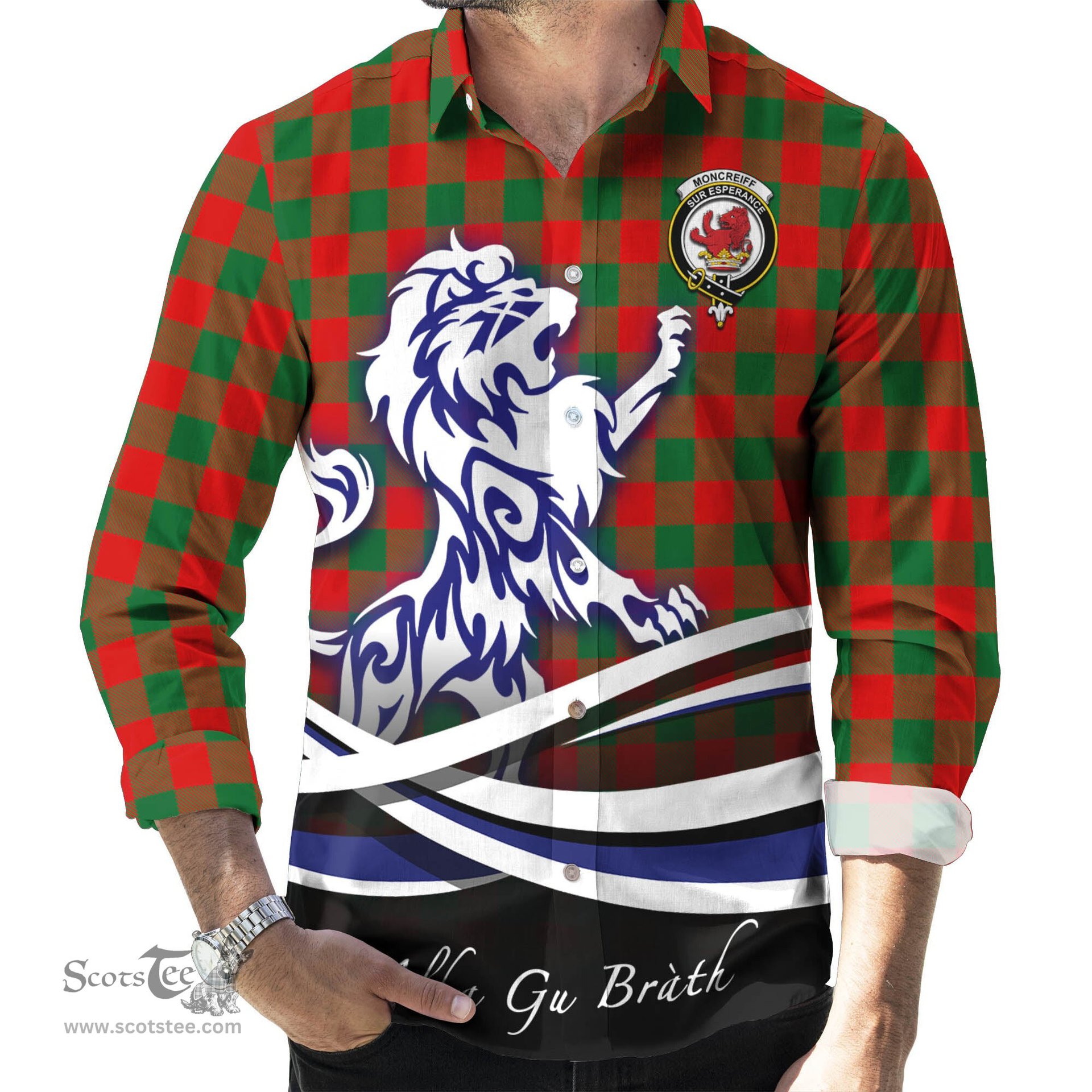 ScotsTee Shop Scottish Moncrieff Modern Clan Crest Tartan Alba Gu Brath Regal Lion Emblem Long Sleeve Shirt