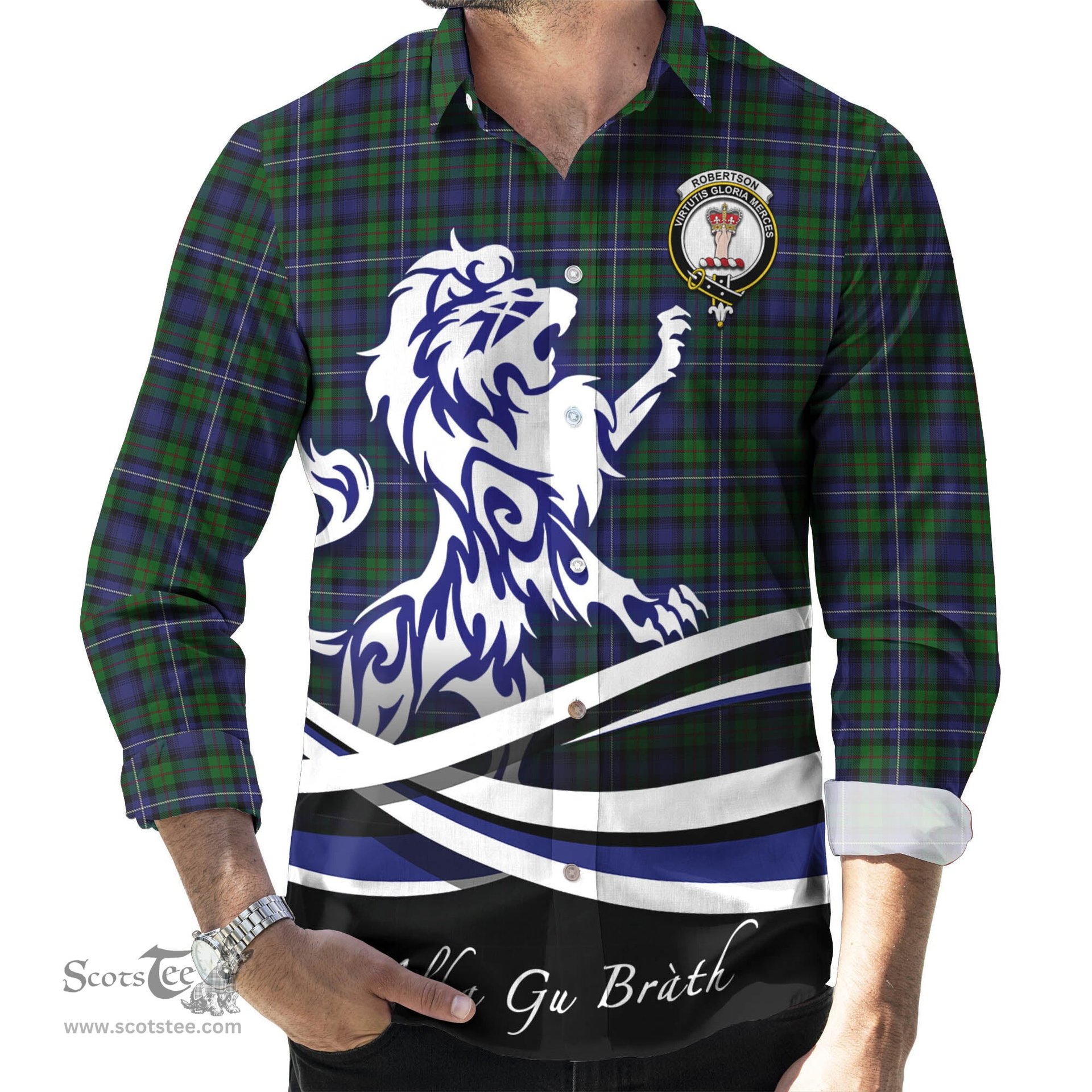 ScotsTee Shop Scottish Robertson Hunting Clan Crest Tartan Alba Gu Brath Regal Lion Emblem Long Sleeve Shirt
