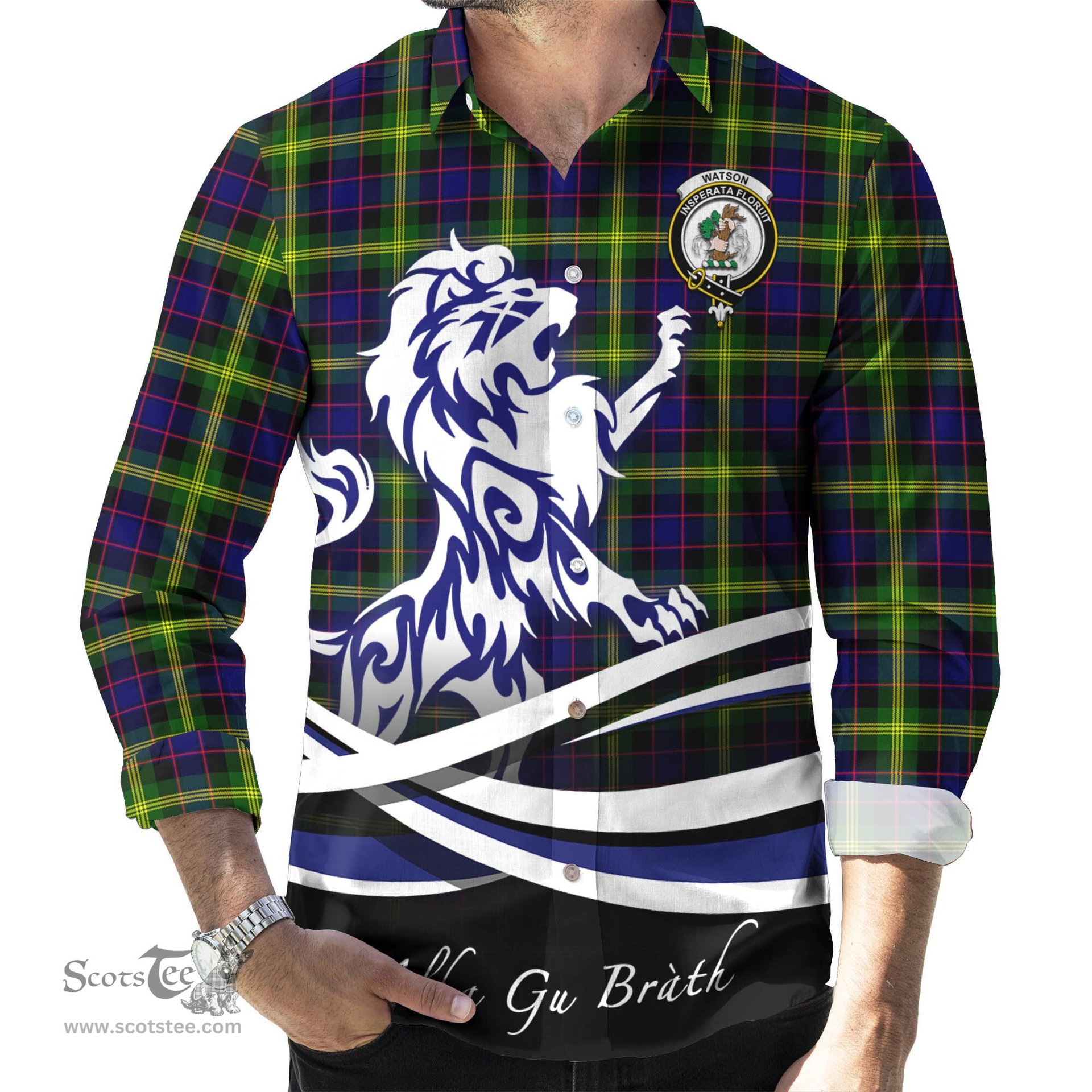 ScotsTee Shop Scottish Watson Modern Clan Crest Tartan Alba Gu Brath Regal Lion Emblem Long Sleeve Shirt