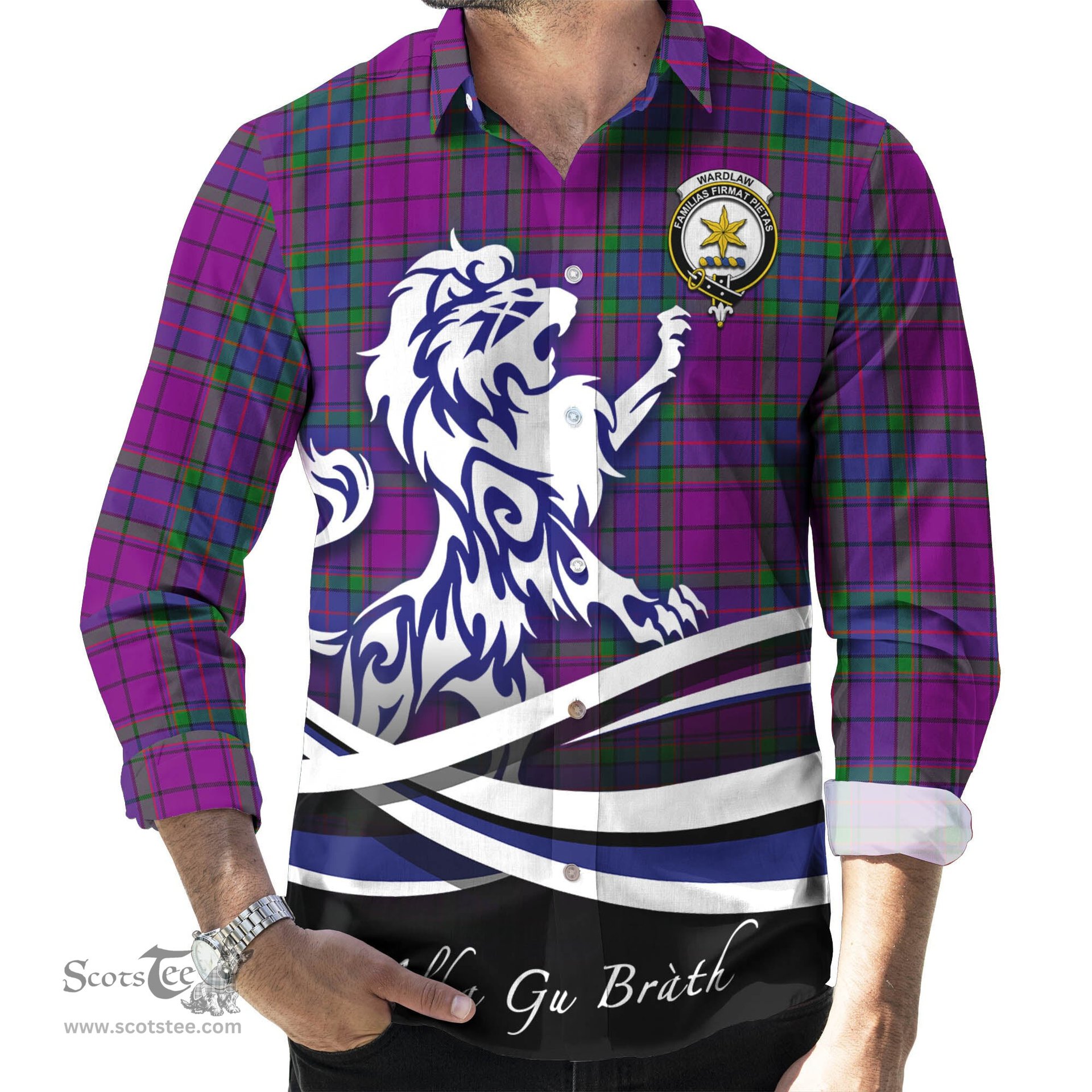 ScotsTee Shop Scottish Wardlaw Modern Clan Crest Tartan Alba Gu Brath Regal Lion Emblem Long Sleeve Shirt