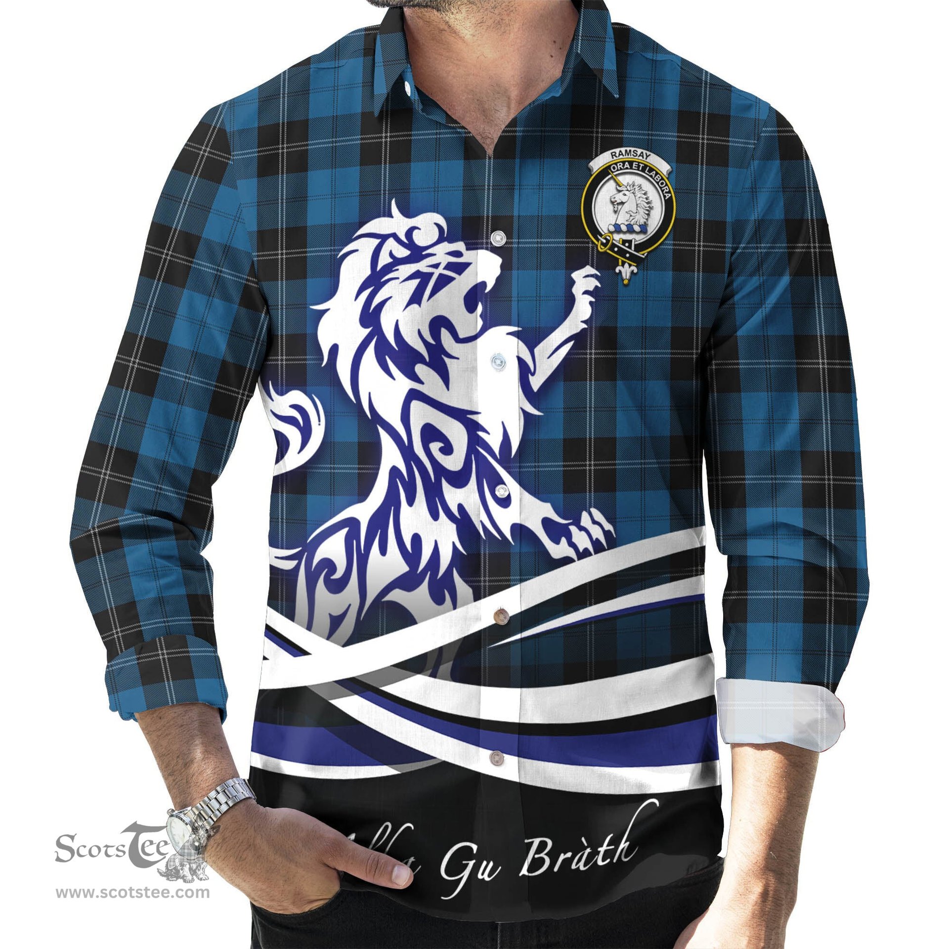 ScotsTee Shop Scottish Ramsay Blue Hunting Clan Crest Tartan Alba Gu Brath Regal Lion Emblem Long Sleeve Shirt